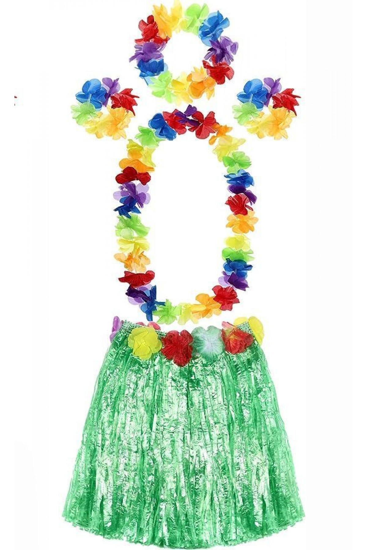 Yetişkin ve Çocuk Uyumlu Luau Aloha Hawaii Yeşil Etek ve Renkli Kolye Taç 2 Adet Bileklik Seti (Lisinya)