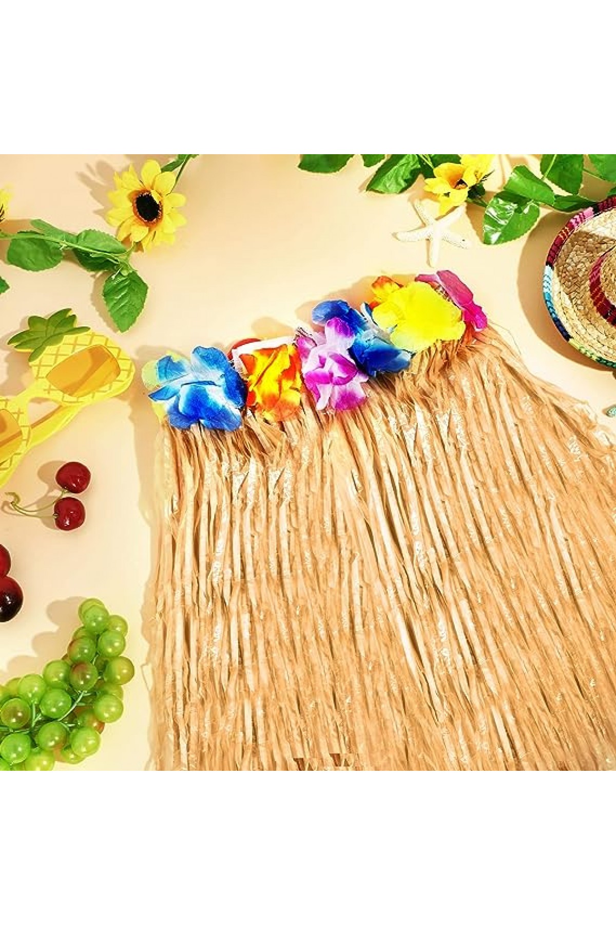 Yetişkin ve Çocuk Uyumlu Saman Renk Hawaii Luau Hula Etek 40 cm 12 Adet