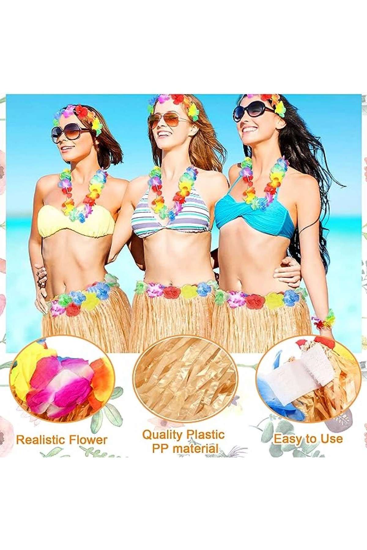 Yetişkin ve Çocuk Uyumlu Saman Renk Hawaii Luau Hula Etek 40 cm 12 Adet