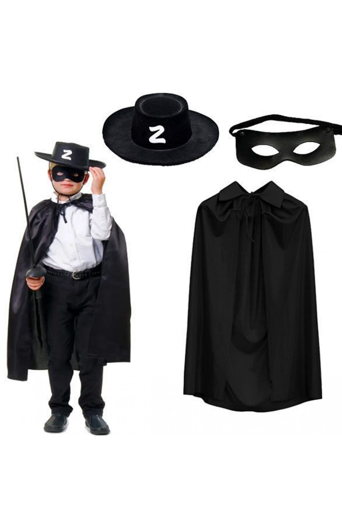 Zorro Pelerini Şapkası ve Maske Seti Çocuk Boy (Lisinya)