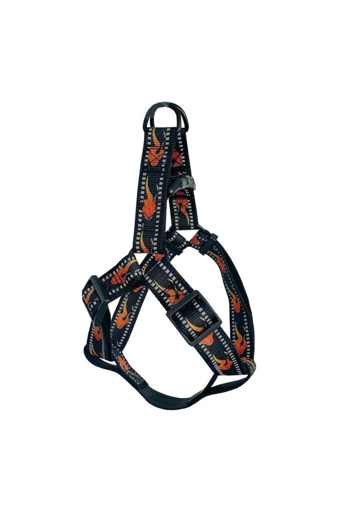 Lisinya205 Köpek Göğüs Tasma Seti Reflektörlü Alev Desenli 120 cm-48 cm-70 cm Siyah