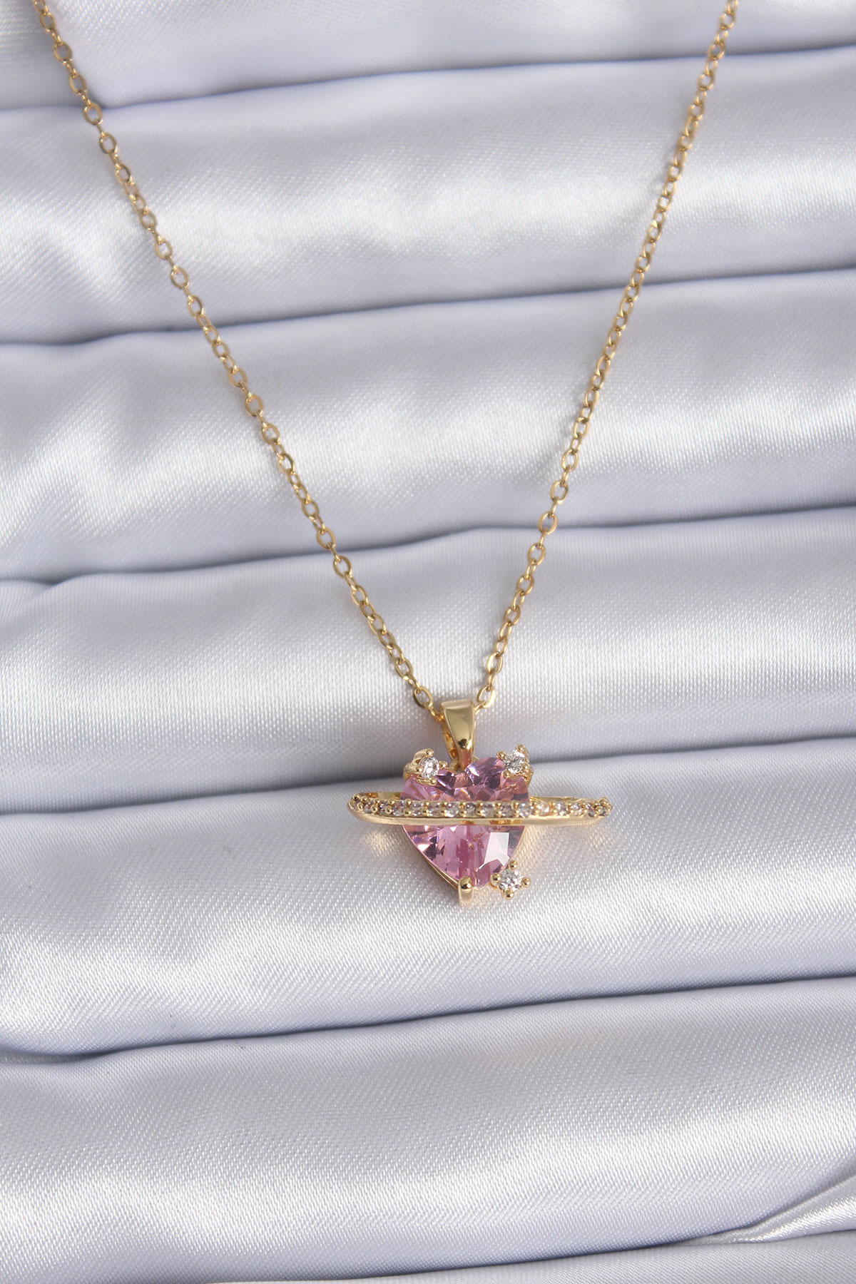 316L Çelik Gold Renk Zincir Pembe Kristal Kalp Model Zirkon Taş Detay Kadın Kolye - Lisinya