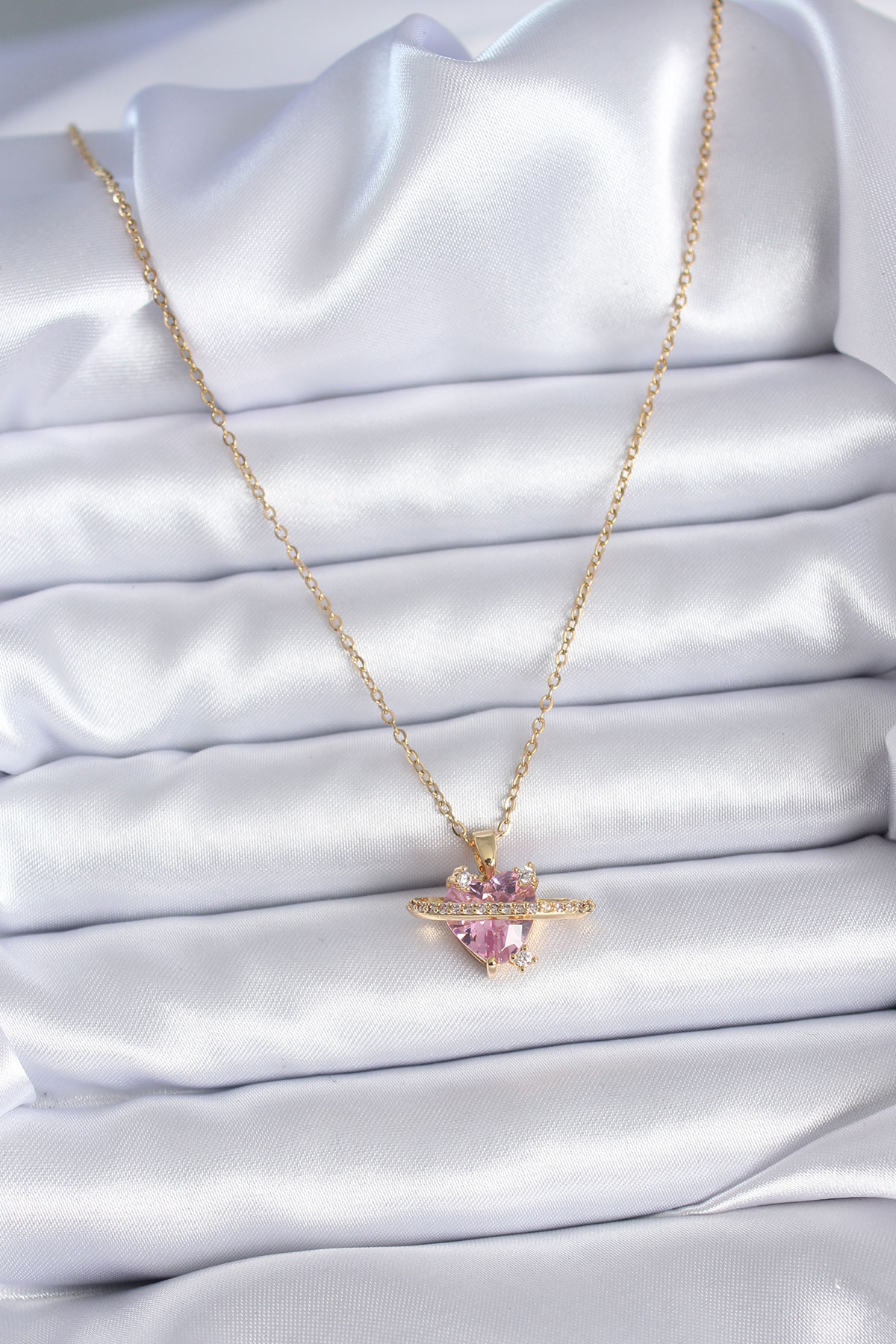 316L Çelik Gold Renk Zincir Pembe Kristal Kalp Model Zirkon Taş Detay Kadın Kolye - Lisinya