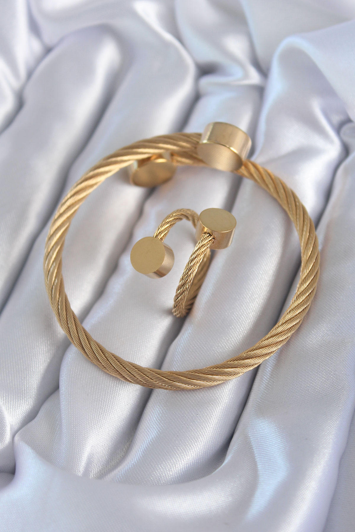 316L Çelik Gold Renk Sarmal Model Erkek Bileklik Yüzük Kombini - Lisinya