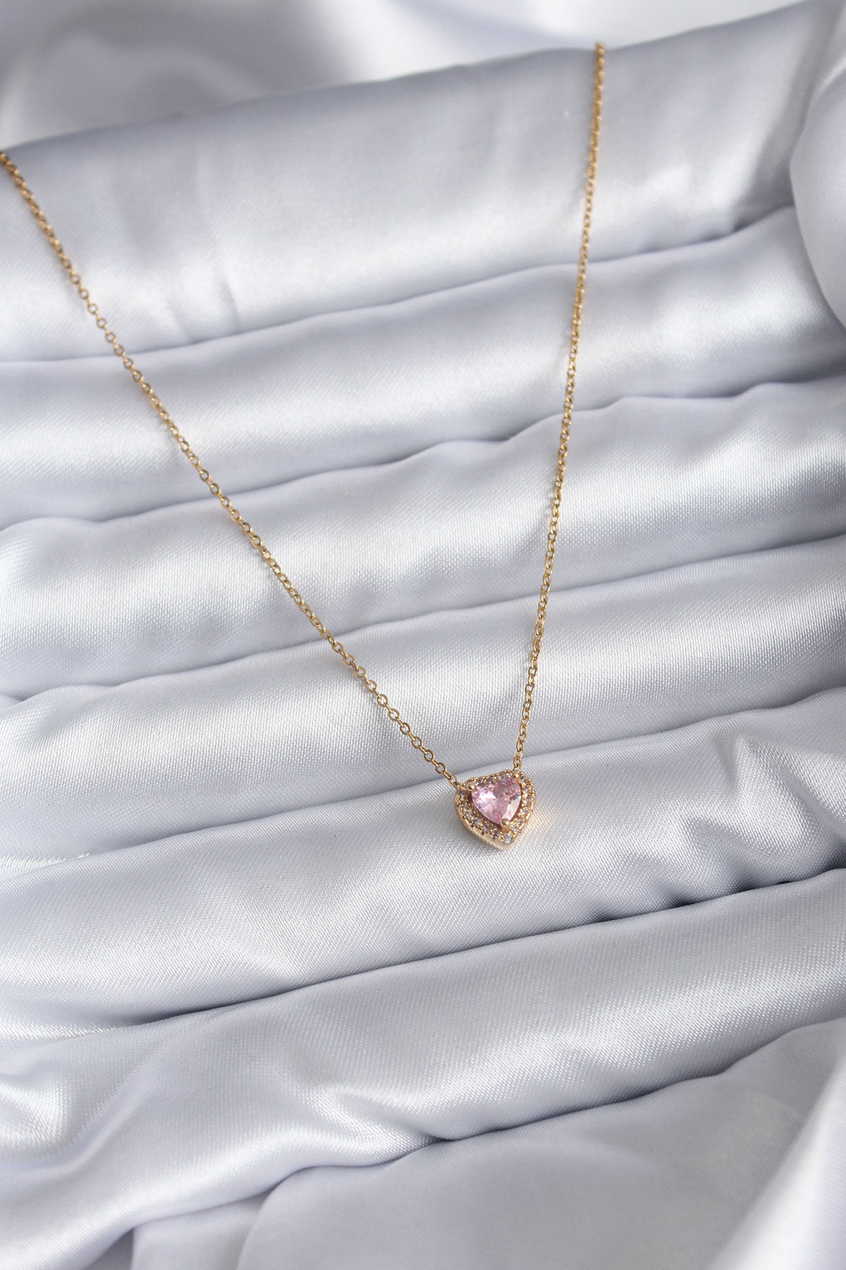 316L Çelik Zincir Gold Renk Pembe Zirkon Taşlı Charm Kadın Kolye - Lisinya