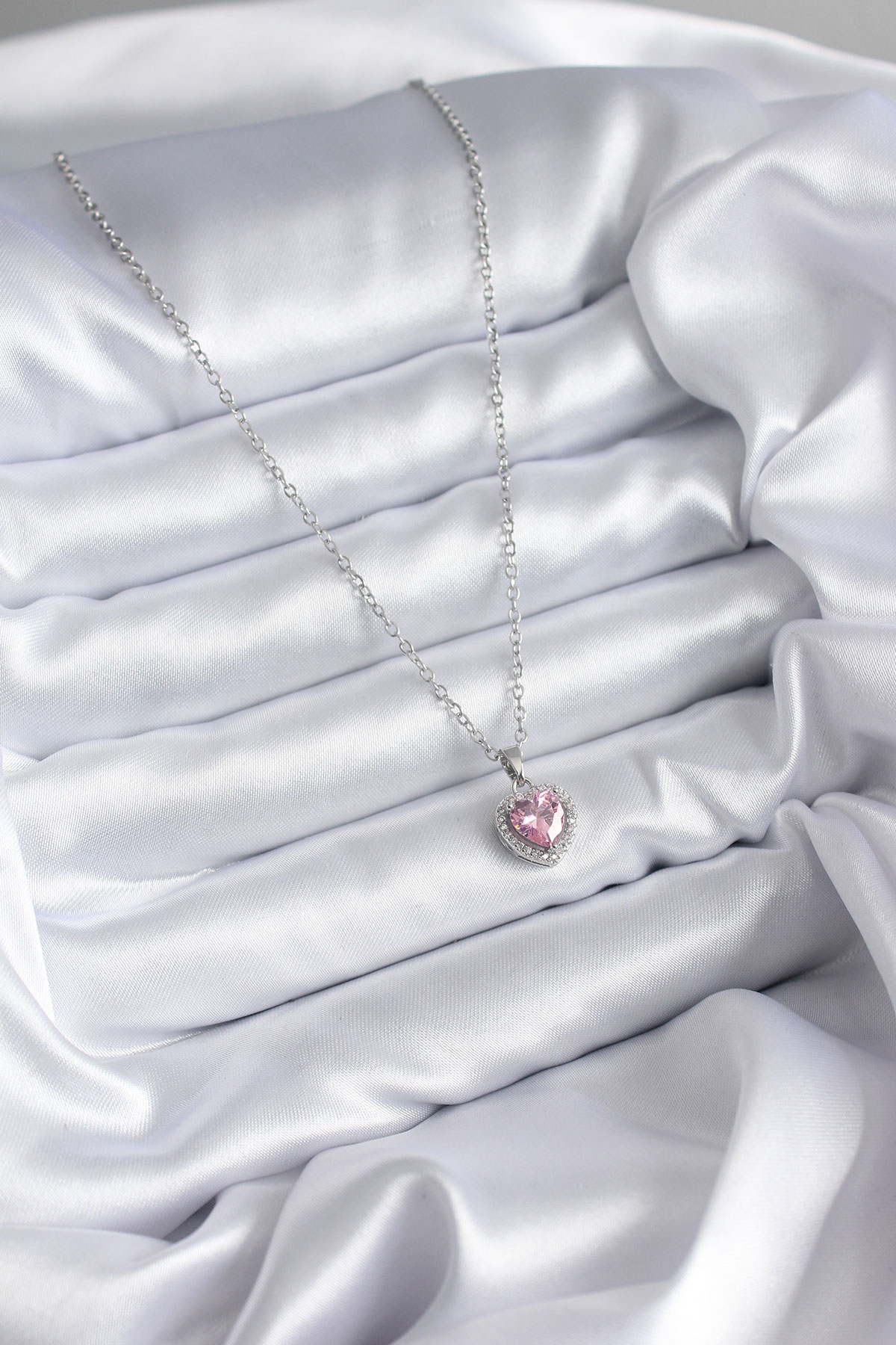 316L Çelik Zincir Gümüş Renk Pembe Zirkon Taş Charm Model Kadın Kolye - Lisinya