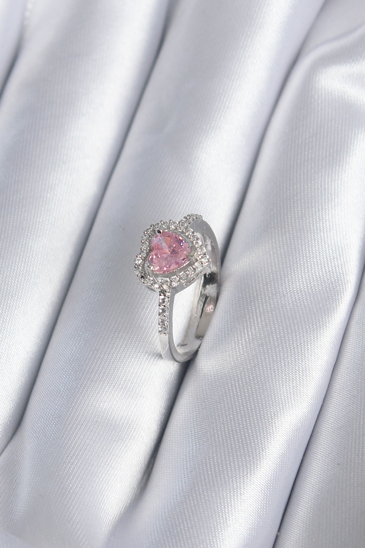 Pirinç Gümüş Renk Pembe Zirkon Taş Kalp Charm Model Kadın Yüzük - Lisinya