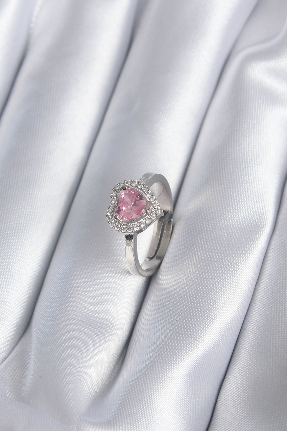 Pirinç Gümüş Renk Pembe Zirkon Taşlı Charm Model Kadın Yüzük - Lisinya