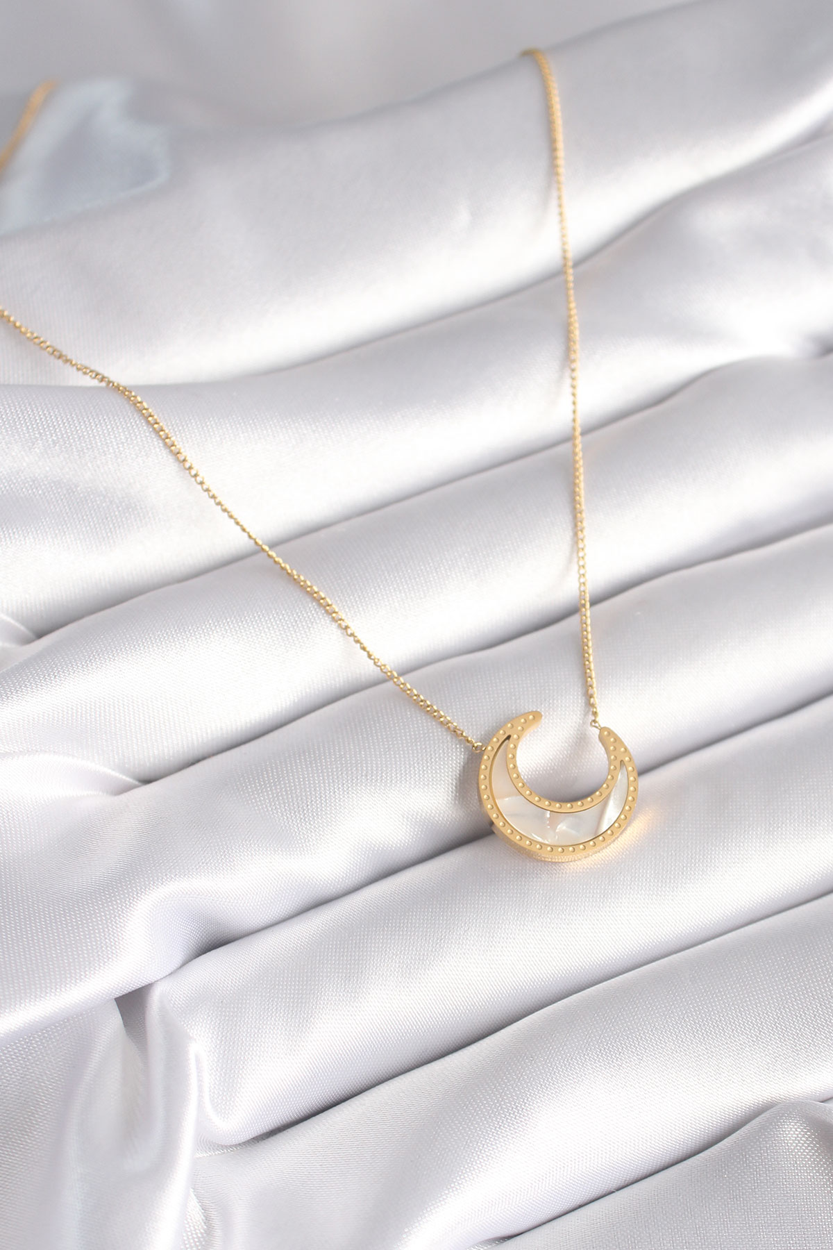 316L Çelik Gold Renk Beyaz Sedefli Hilal Model Kadın Kolye - Lisinya
