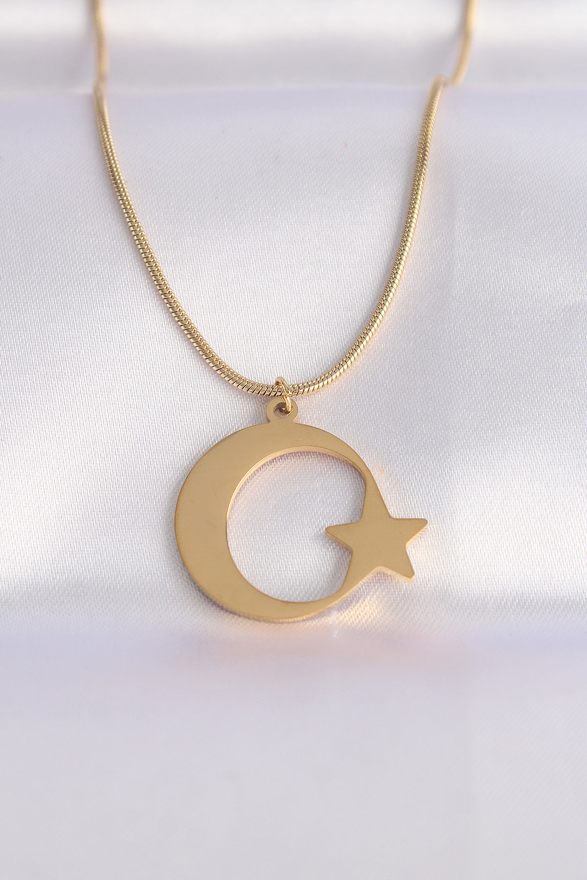 316L Çelik Zincir Gold Renk Ay Yıldız Unisex Kolye - Lisinya