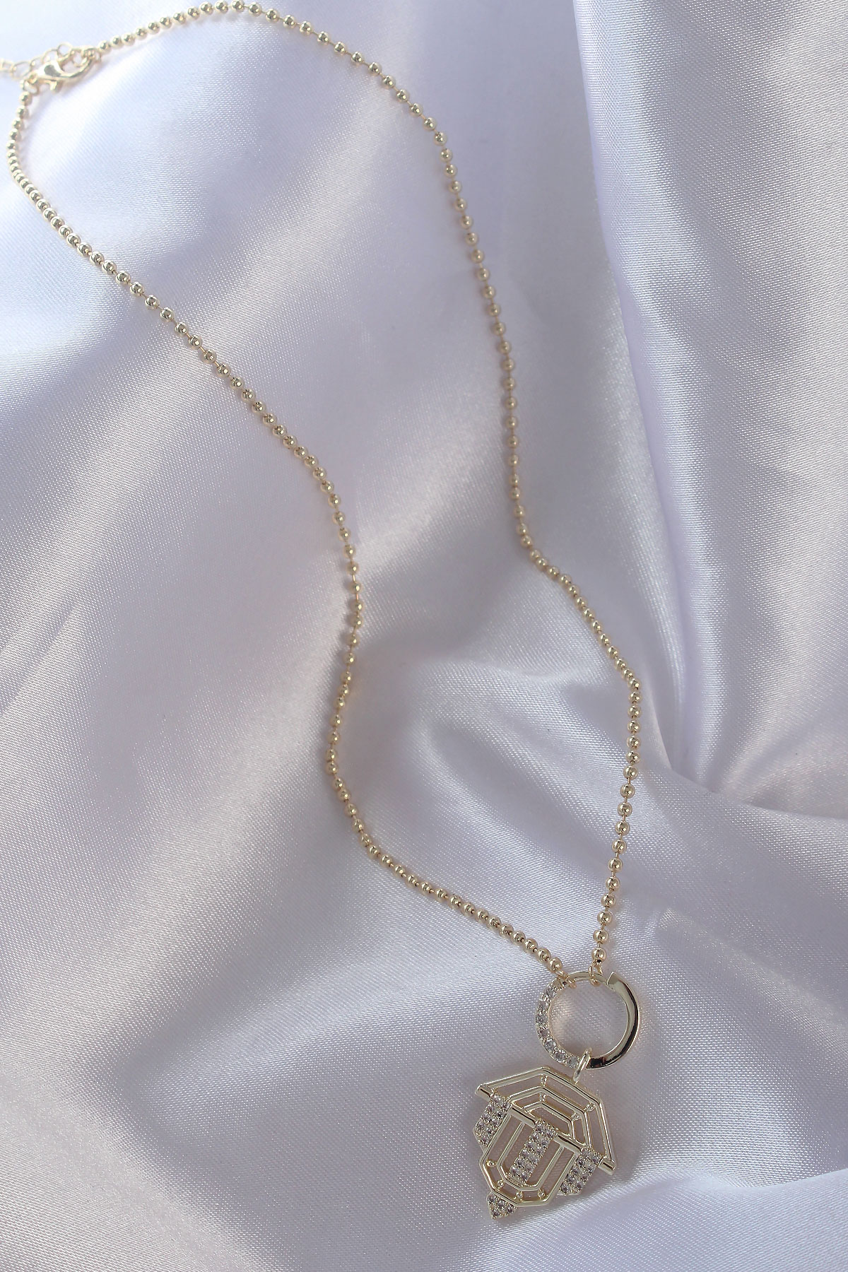 Pirinç Zirkon Taşlı Gold Renk Oval Detaylı Serenay Kolyesi - Lisinya
