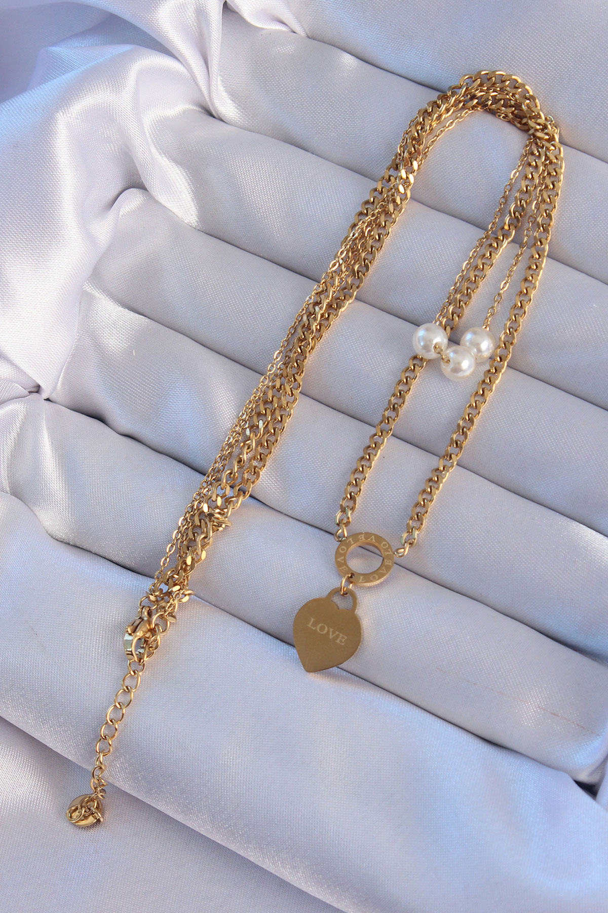 316L Çelik Gold Renk Çift Zincir İnci Detayı Love Kalp Kolye - Lisinya 316L Çelik Gold Renk Çift Zincir İnci Detayı Love Kalp Kolye - Lisinya