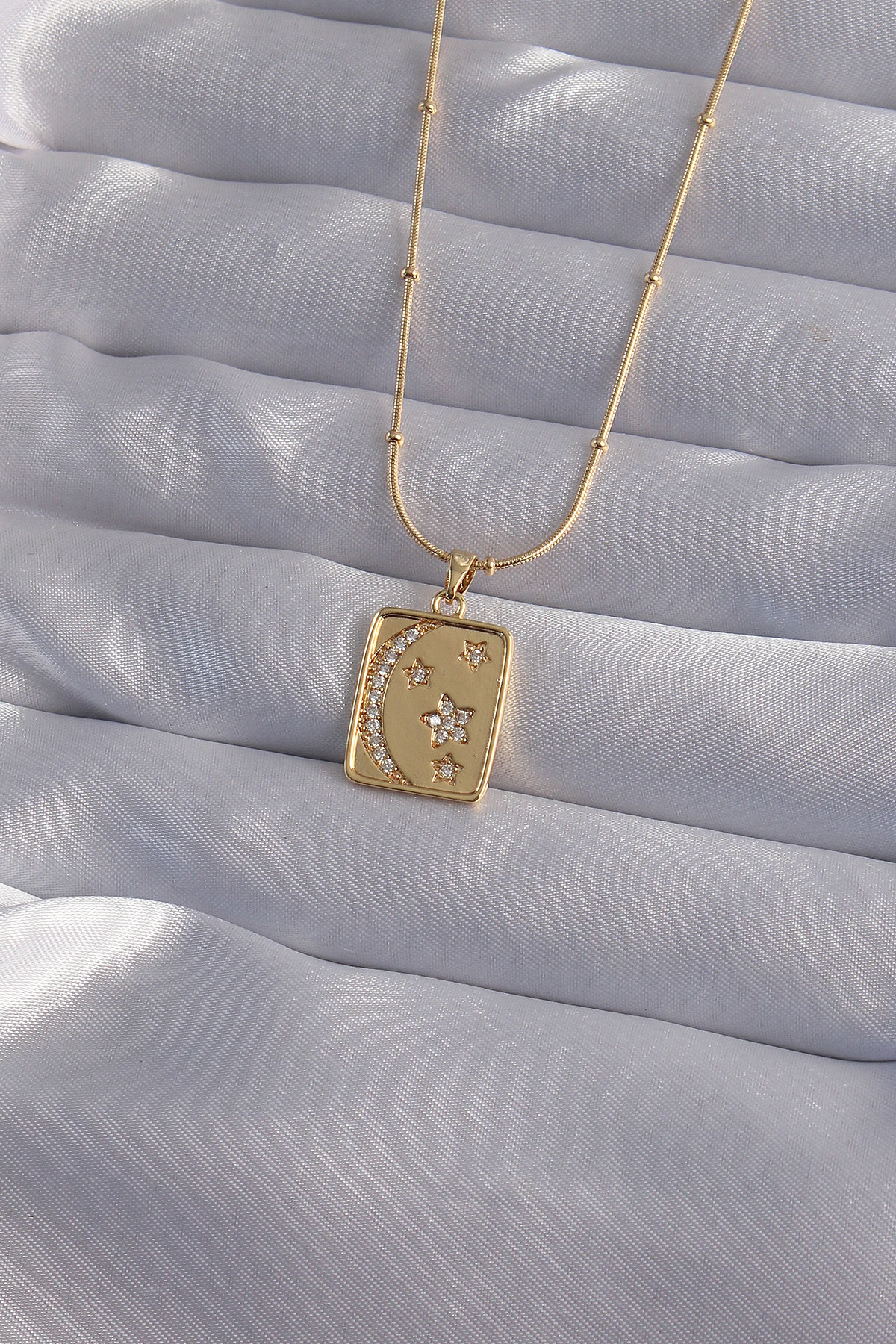 316L Çelik Zincir Gold Renk Zirkon Taşlı Ay Yıldız Figürlü Tarot Kolye - Lisinya