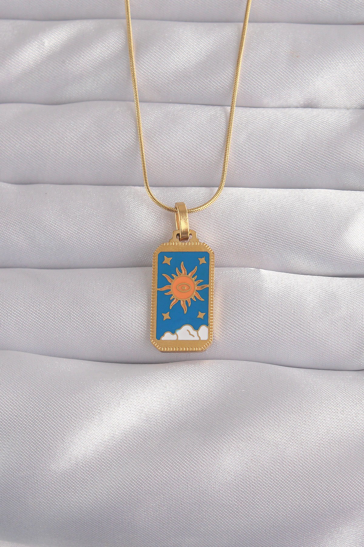 316L Çelik Gold Renk Mavi Mineli Güneş Model Tarot Kolye - Lisinya