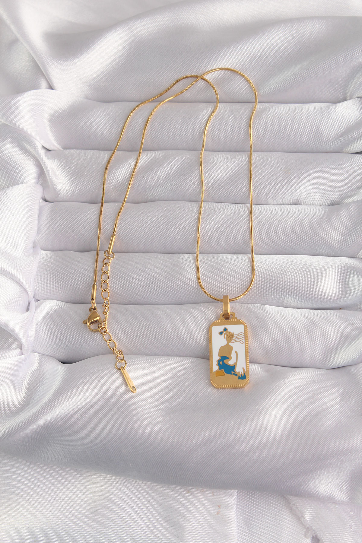316L Çelik Gold Renk Beyaz Mineli Kız Figür Tarot Kolye - Lisinya