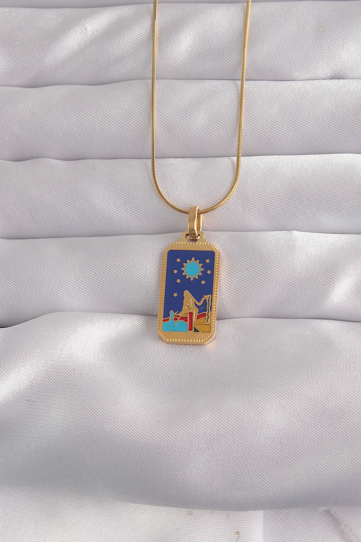 316L Çelik Gold Renk Mavi Mineli Kız Figür Tarot Kolye - Lisinya