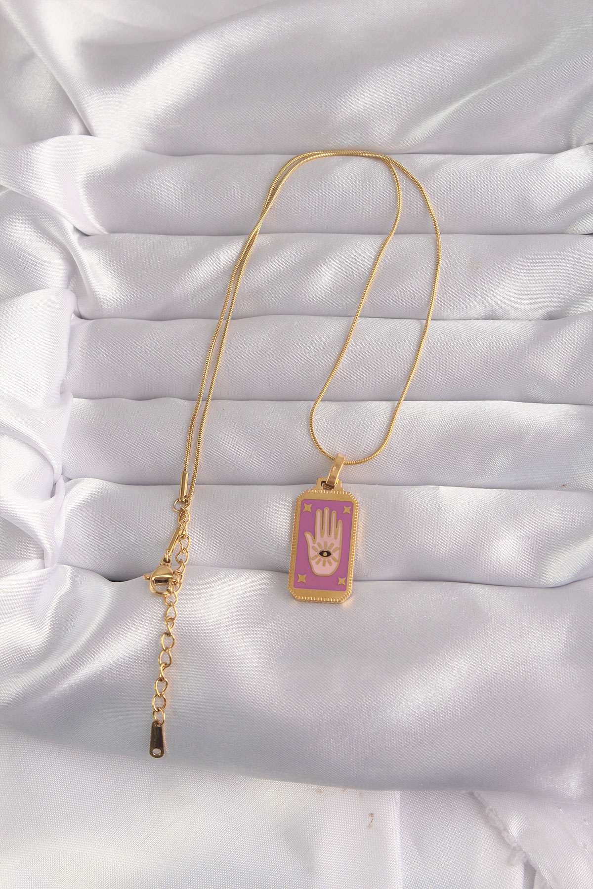 316L Çelik Gold Renk Mor Mineli El Figür Tarot Kolye - Lisinya