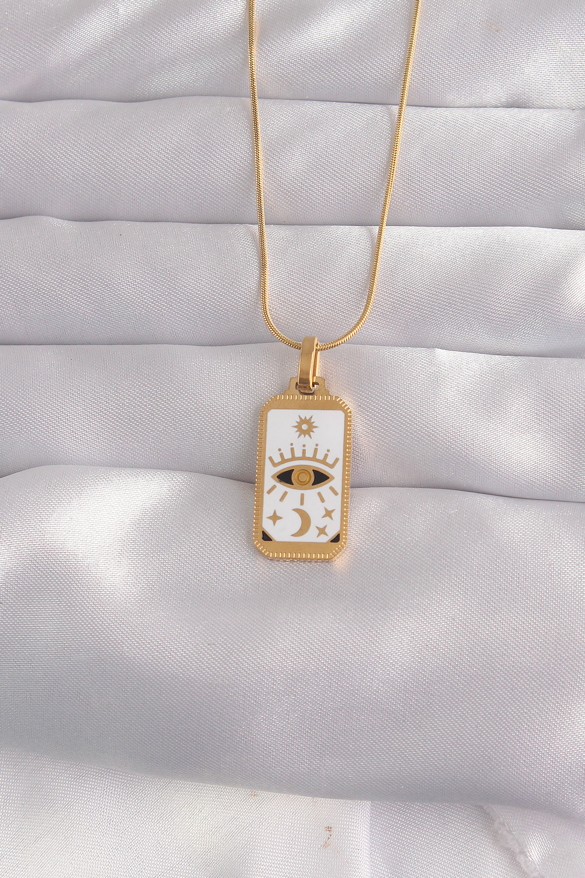 316L Çelik Gold Renk Beyaz Mineli Göz Figür Tarot Kolye - Lisinya