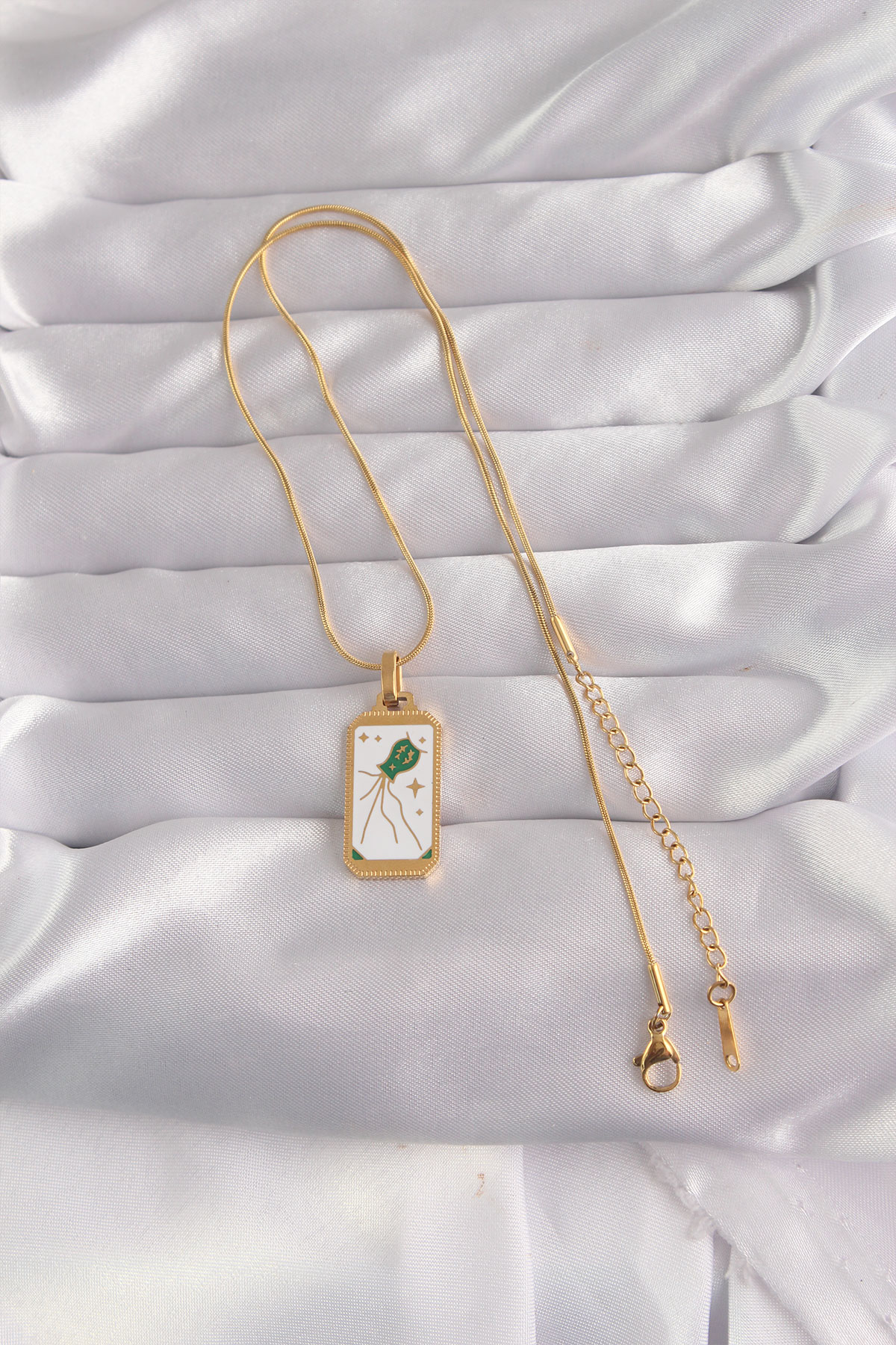 316L Çelik Gold Renk Beyaz Mineli Tarot Kolye - Lisinya