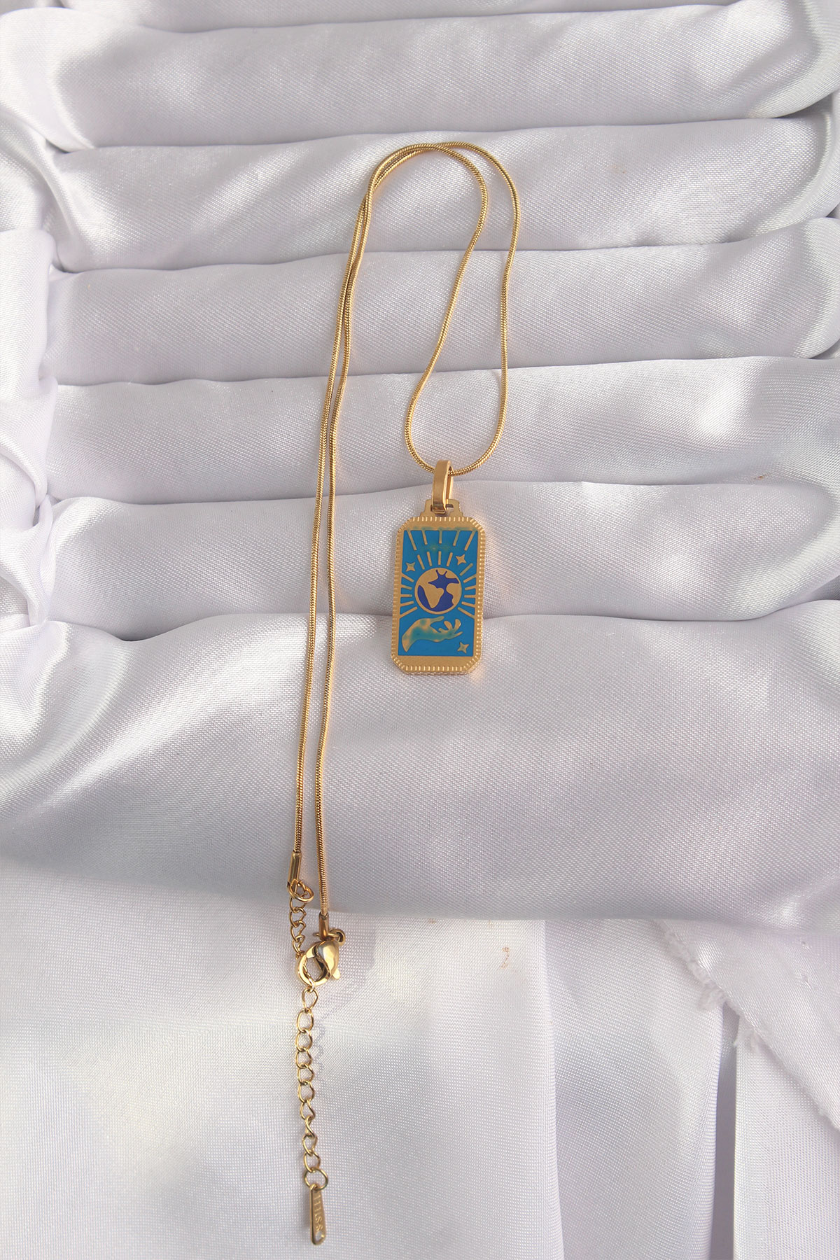 316L Çelik Gold Renk Mavi Mineli El Figür Tarot Kolye - Lisinya