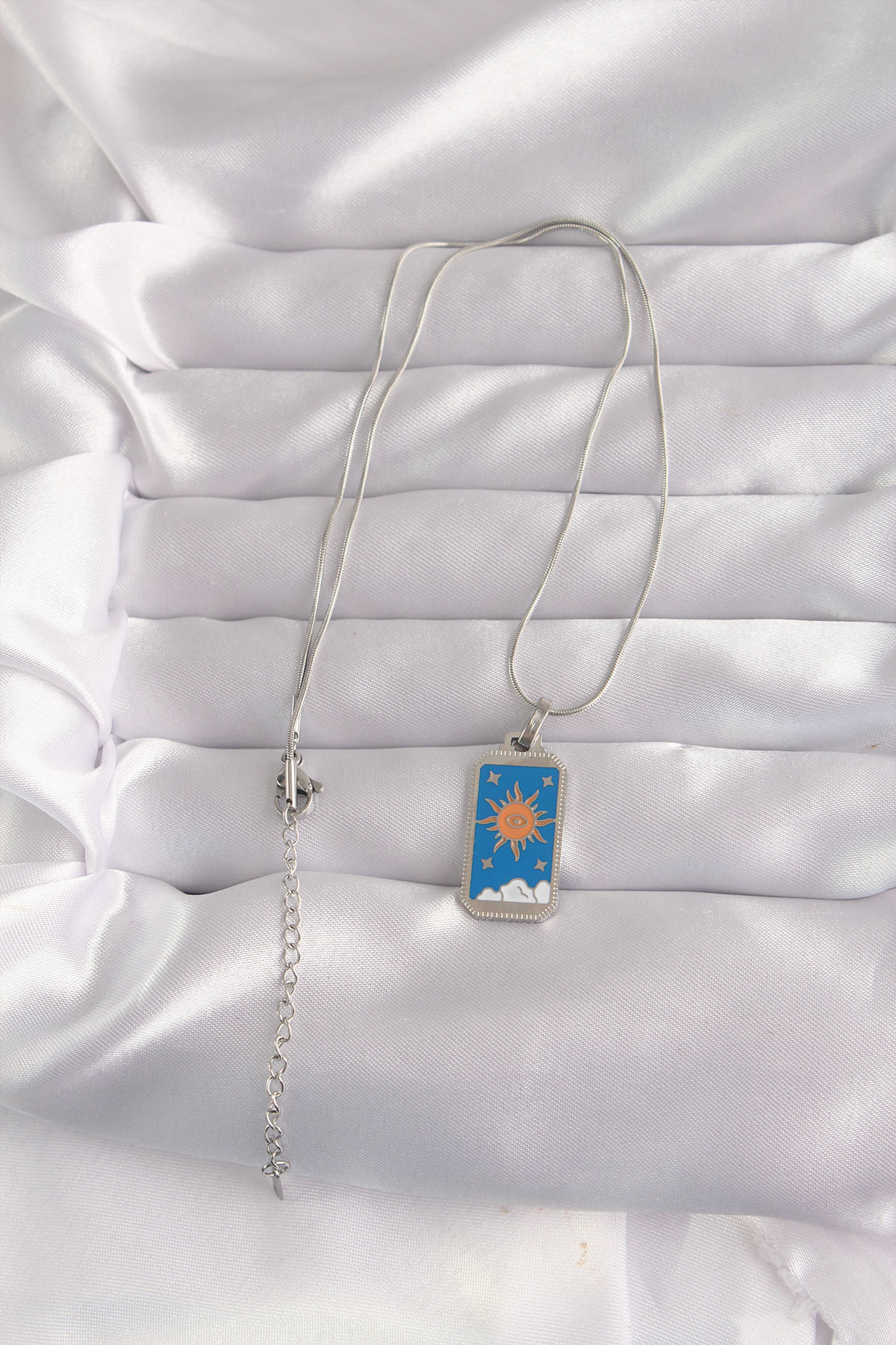 316L Çelik Gümüş Renk Mavi Mineli Güneş Model Tarot Kolye - Lisinya
