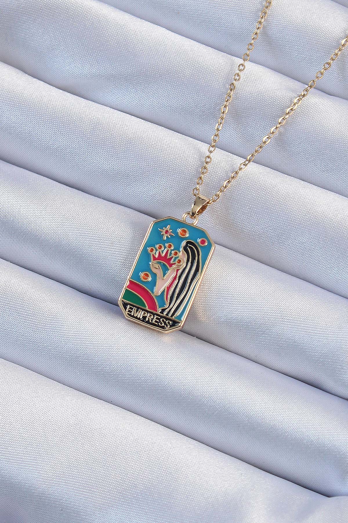 316L Çelik Zincir Altın Renk Taç ve Kız Figürlü Renkli Mineli Tarot Kolye - Lisinya