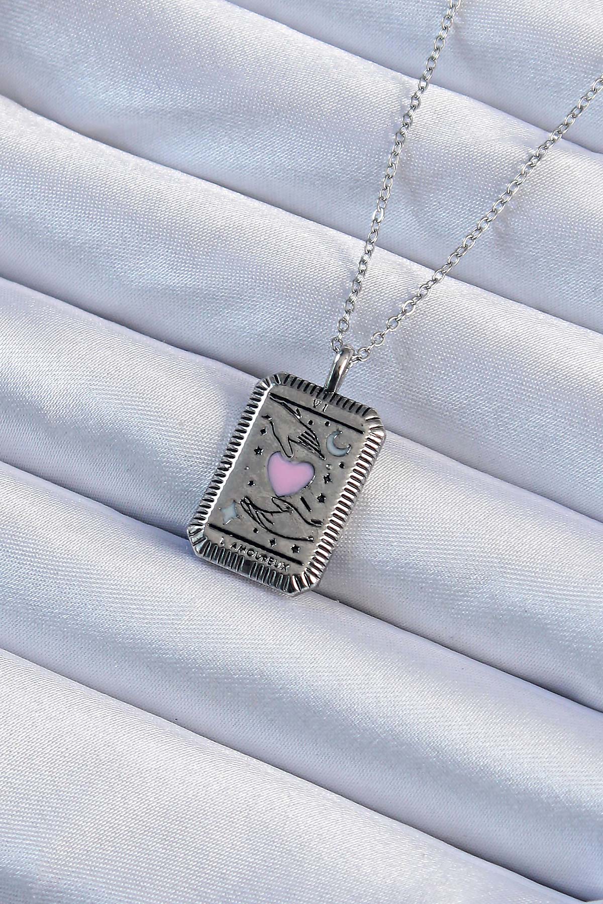 316L Çelik Zincir Eskitme Gümüş Renk Pembe Mineli Kalp Figürlü Tarot Kolye - Lisinya
