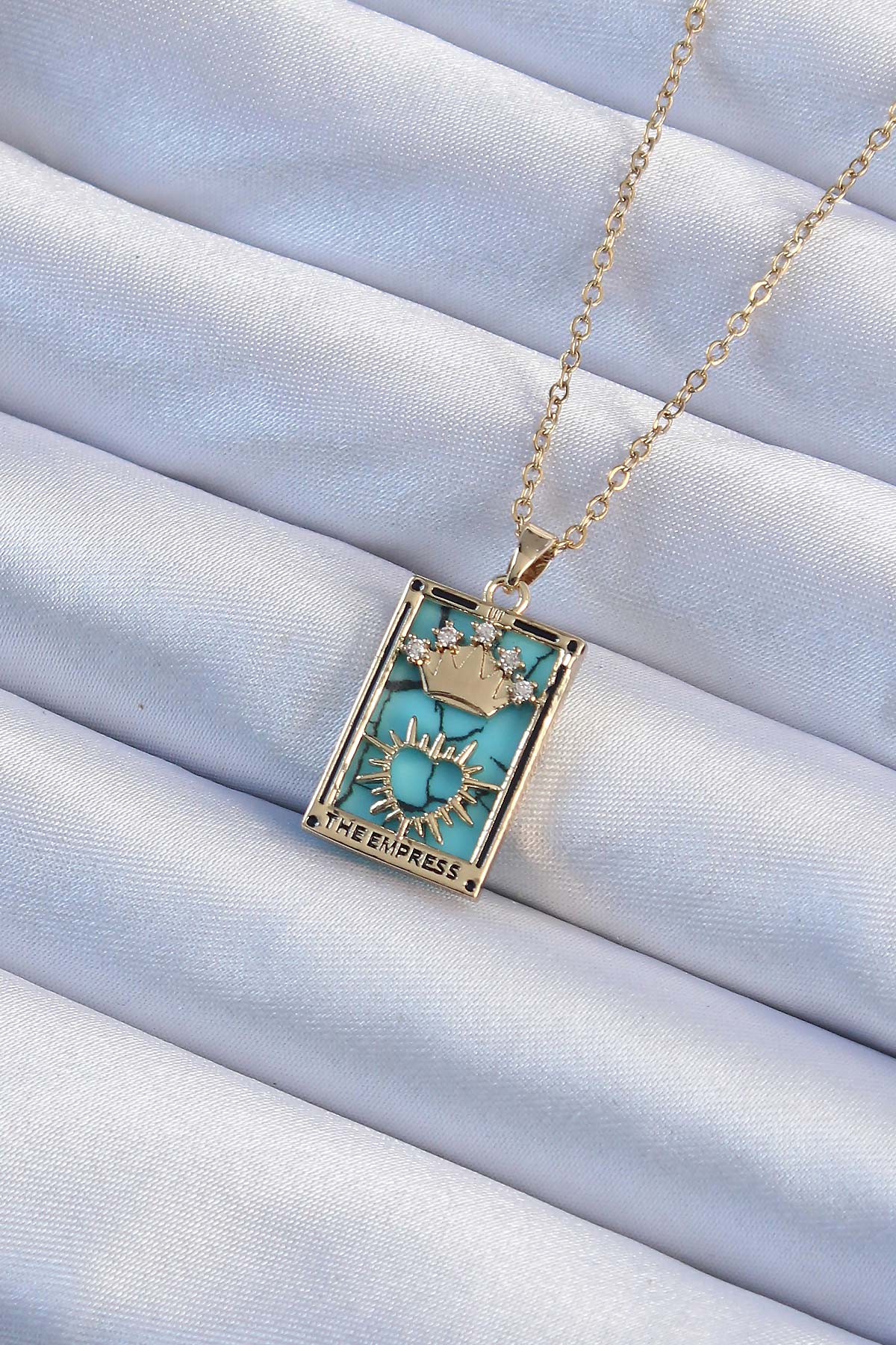 316L Çelik Zincir Altın Renk Zirkon Taşlı Mavi Mermer Desenli Taç Model Tarot Kolye - Lisinya