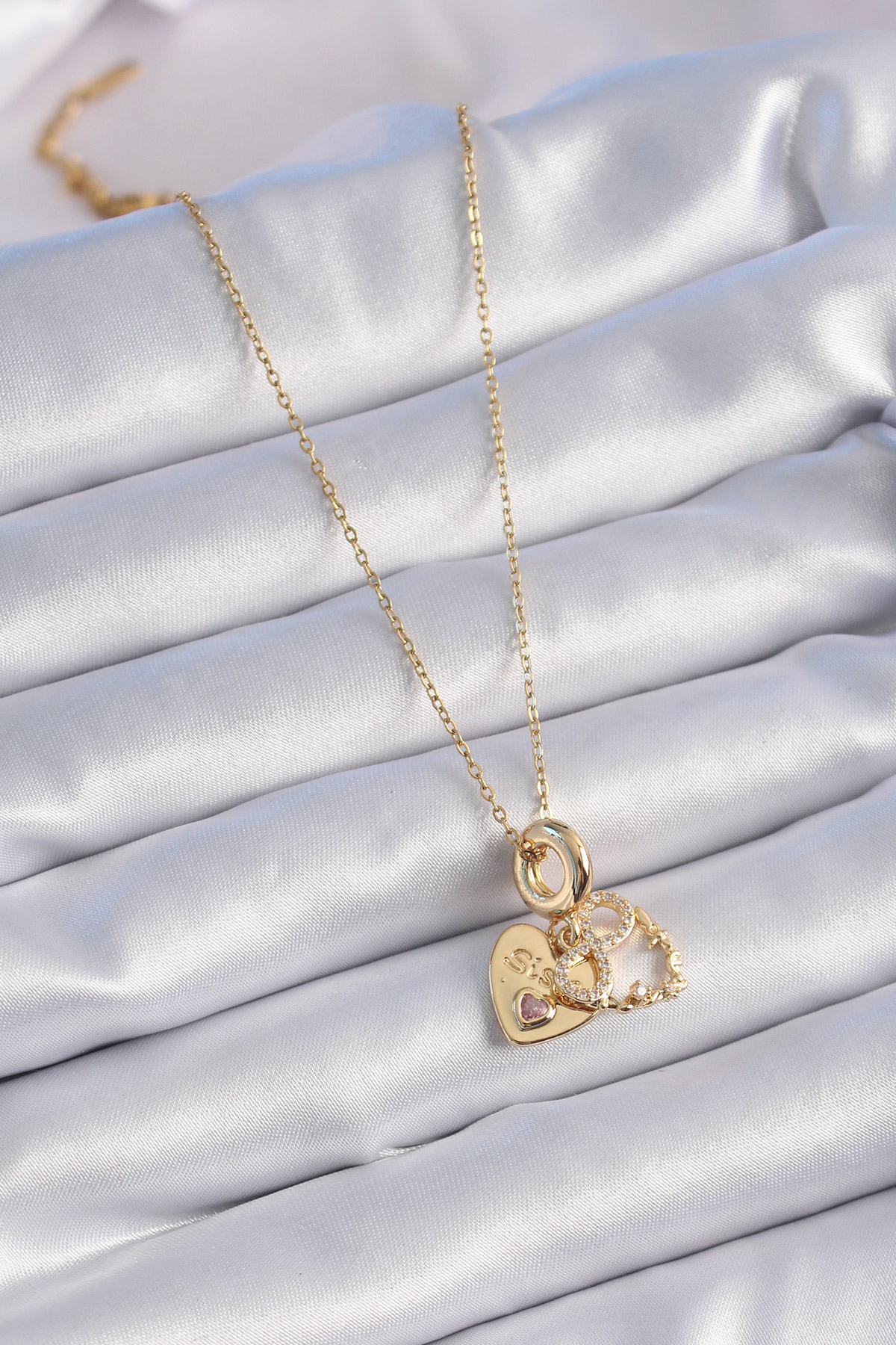 316L Çelik Gold Renk Zirkon Taşlı Sonsuzluk Kalp Figür Charm Model Kadın Kolye - Lisinya