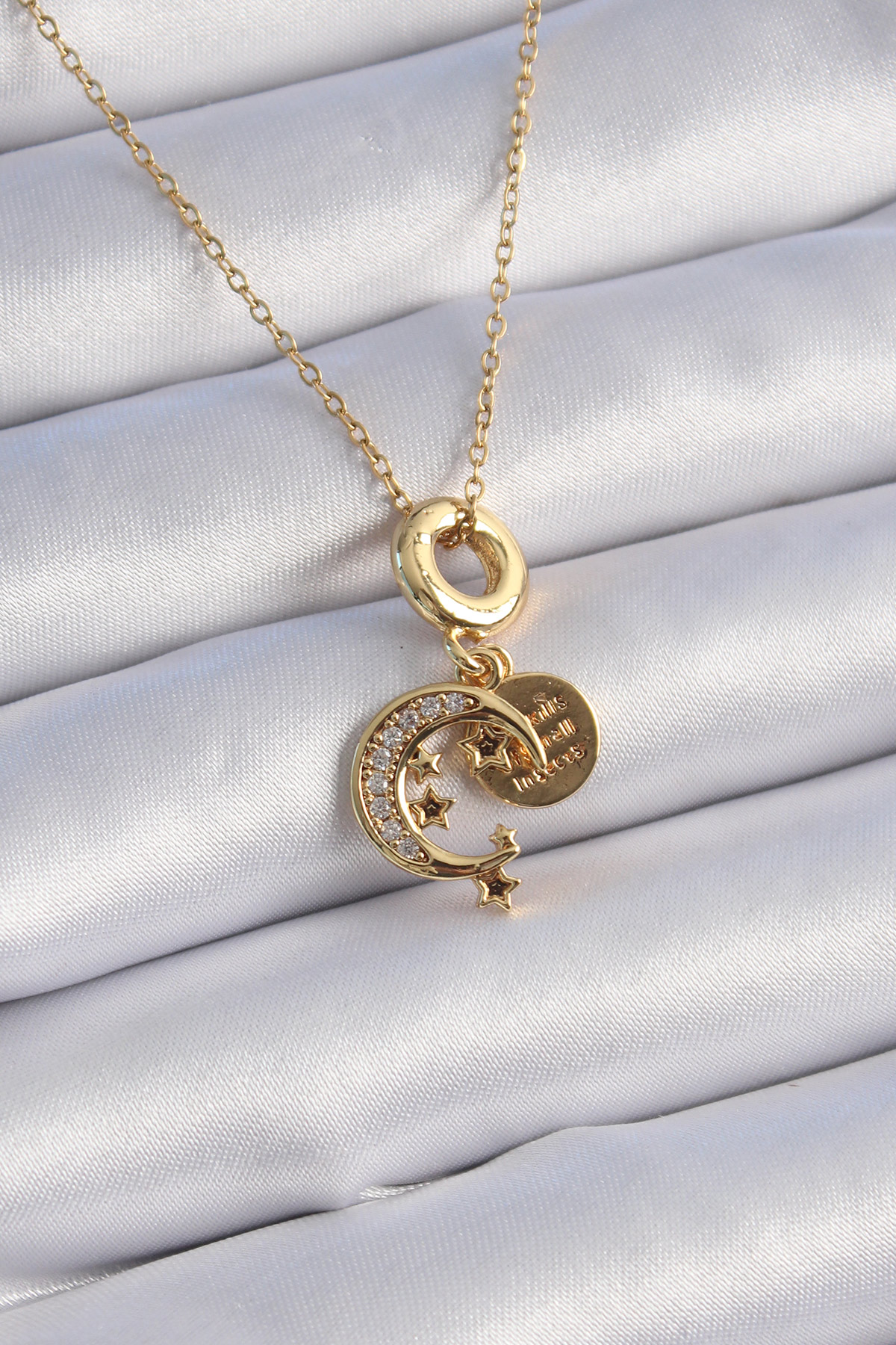 316L Çelik Gold Renk Zirkon Taşlı Ay Yıldız  Model Charm Model Kadın Kolye - Lisinya