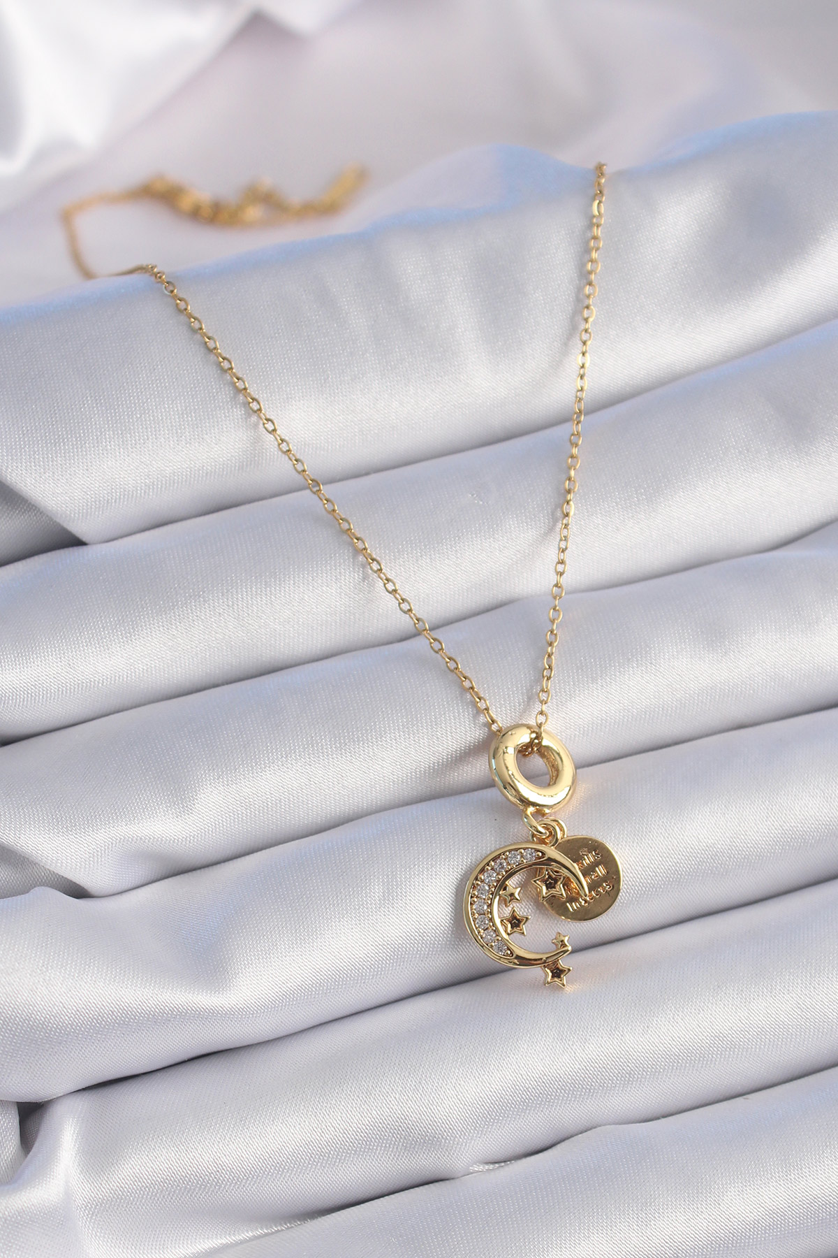 316L Çelik Gold Renk Zirkon Taşlı Ay Yıldız  Model Charm Model Kadın Kolye - Lisinya