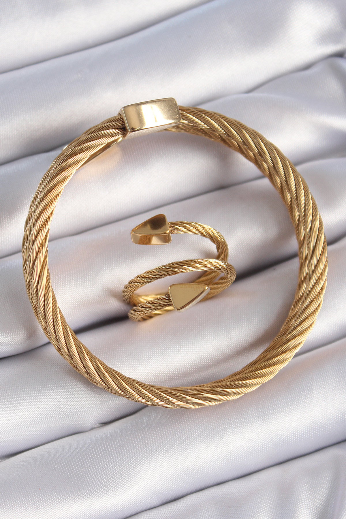 316L Çelik Gold Renk Sarmal Model Erkek Bileklik Yüzük Kombini - Lisinya