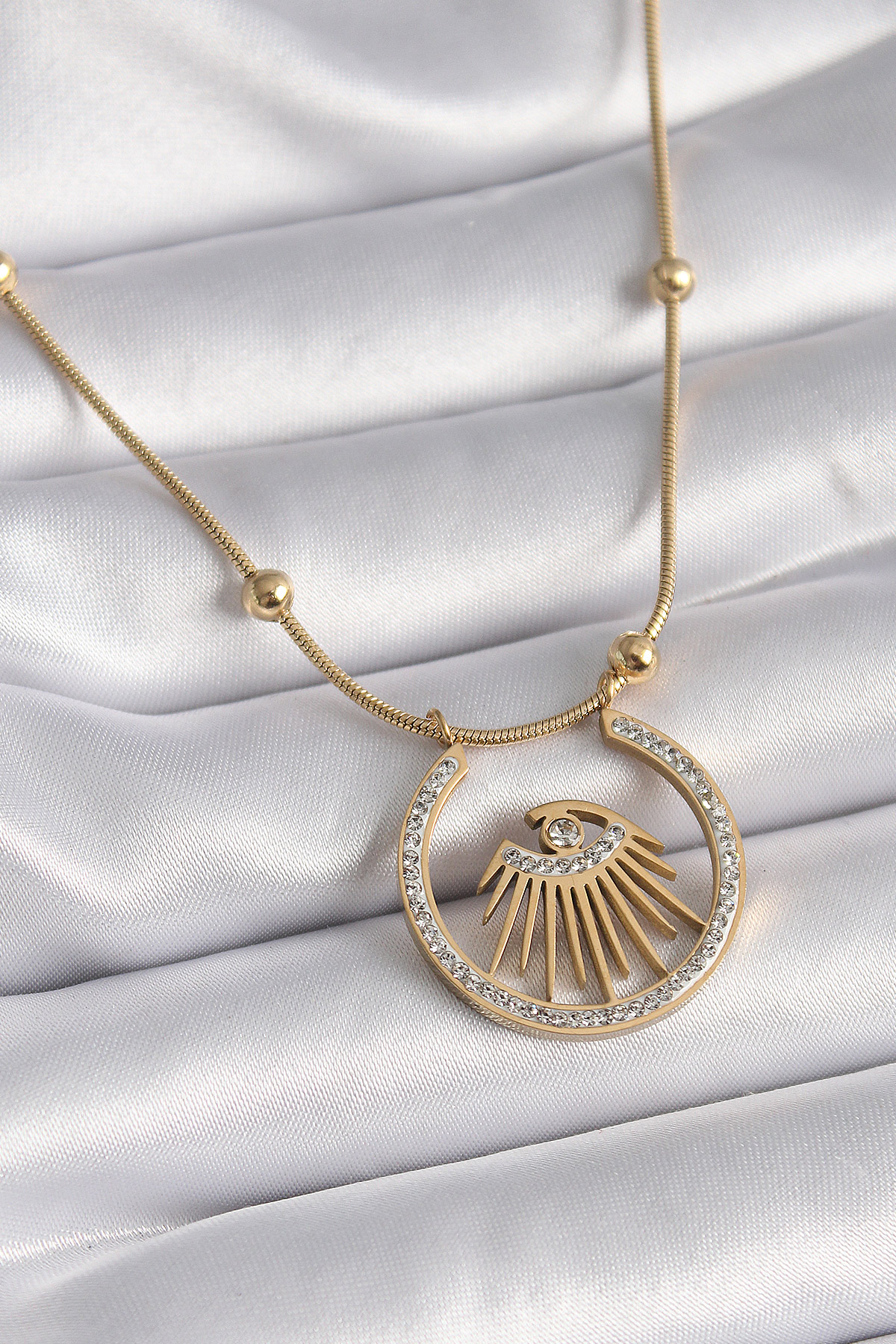 316L Çelik Gold Renk Zirkon Taşlı Göz Model Kadın Kolye - Lisinya