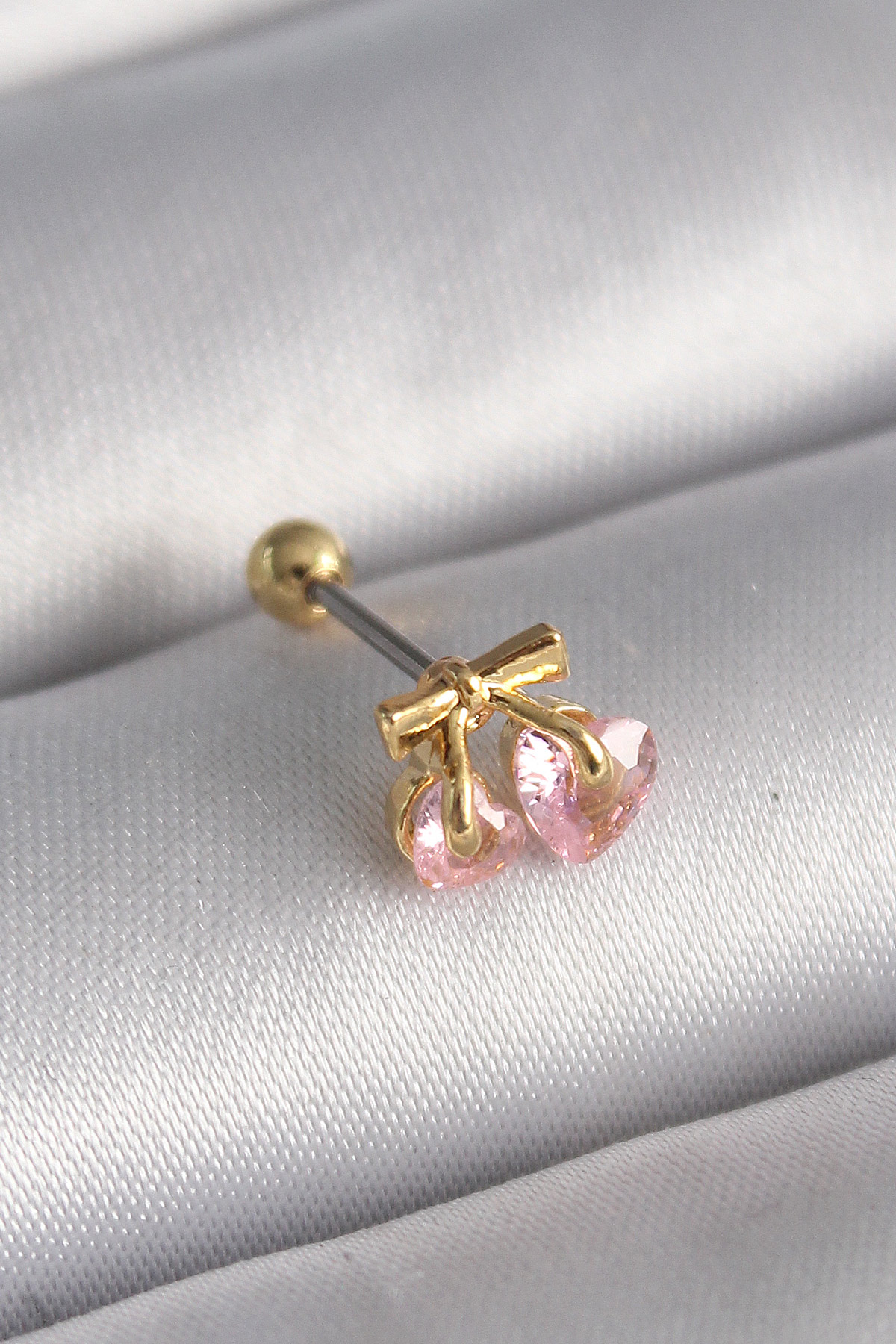 316L Çelik Gold Renk Pembe Zirkon Taşlı Kalp Tragus Piercing - Lisinya