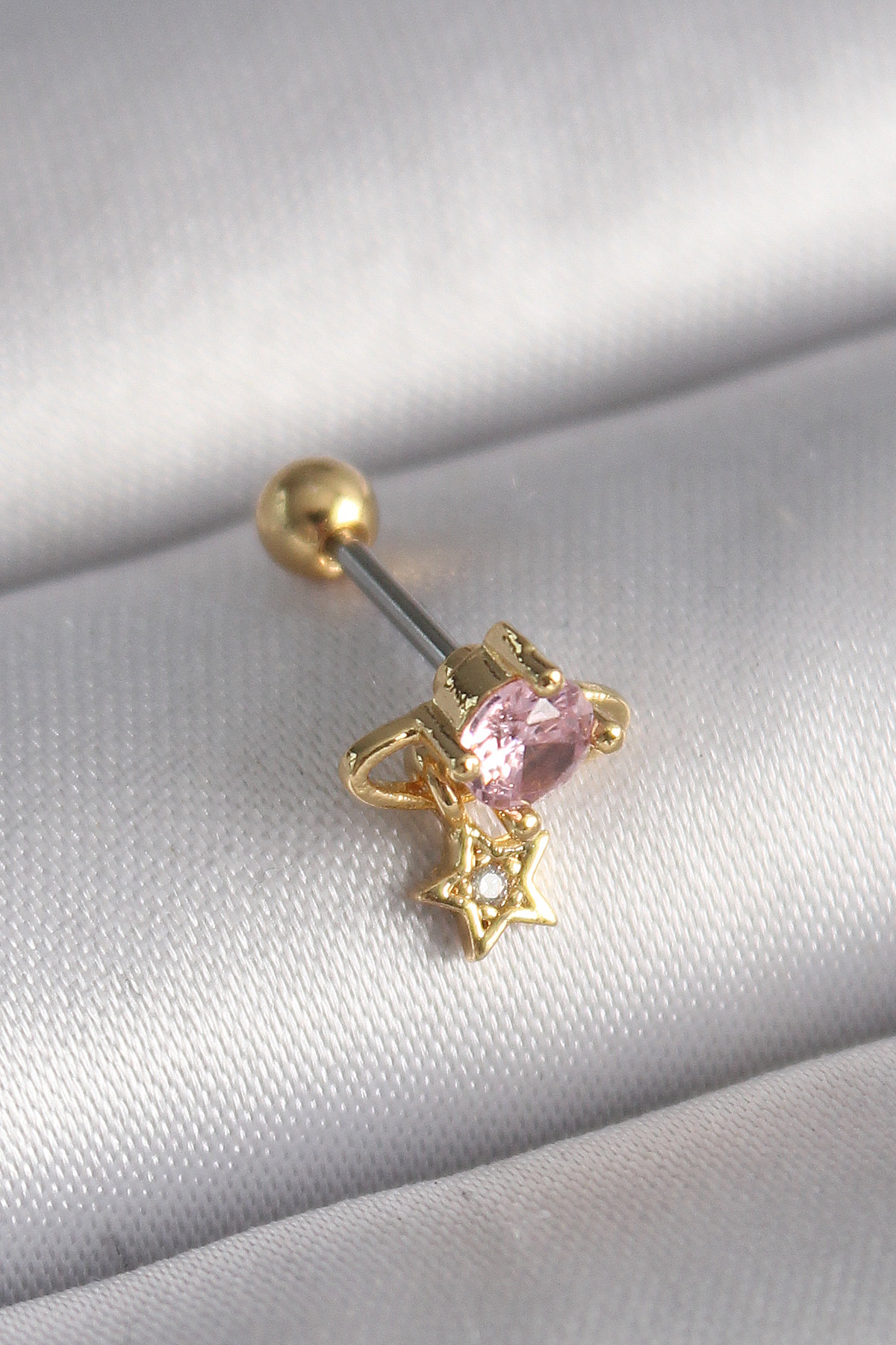 316L Çelik Gold Renk Pembe Zirkon Taşlı Sallantı Yıldız Detay Tragus Piercing - Lisinya