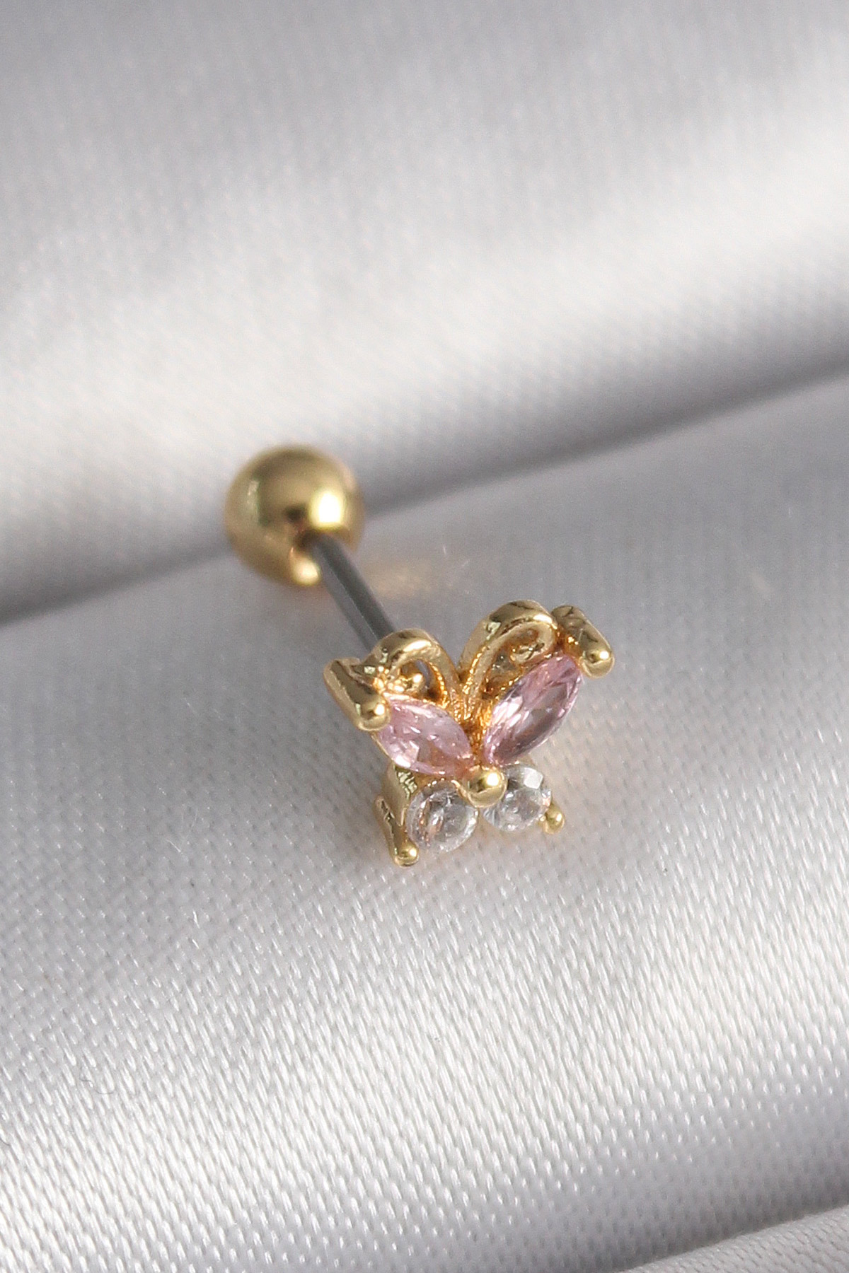 316L Çelik Gold Renk Pembe Zirkon Taşlı Kelebek Tragus Piercing - Lisinya