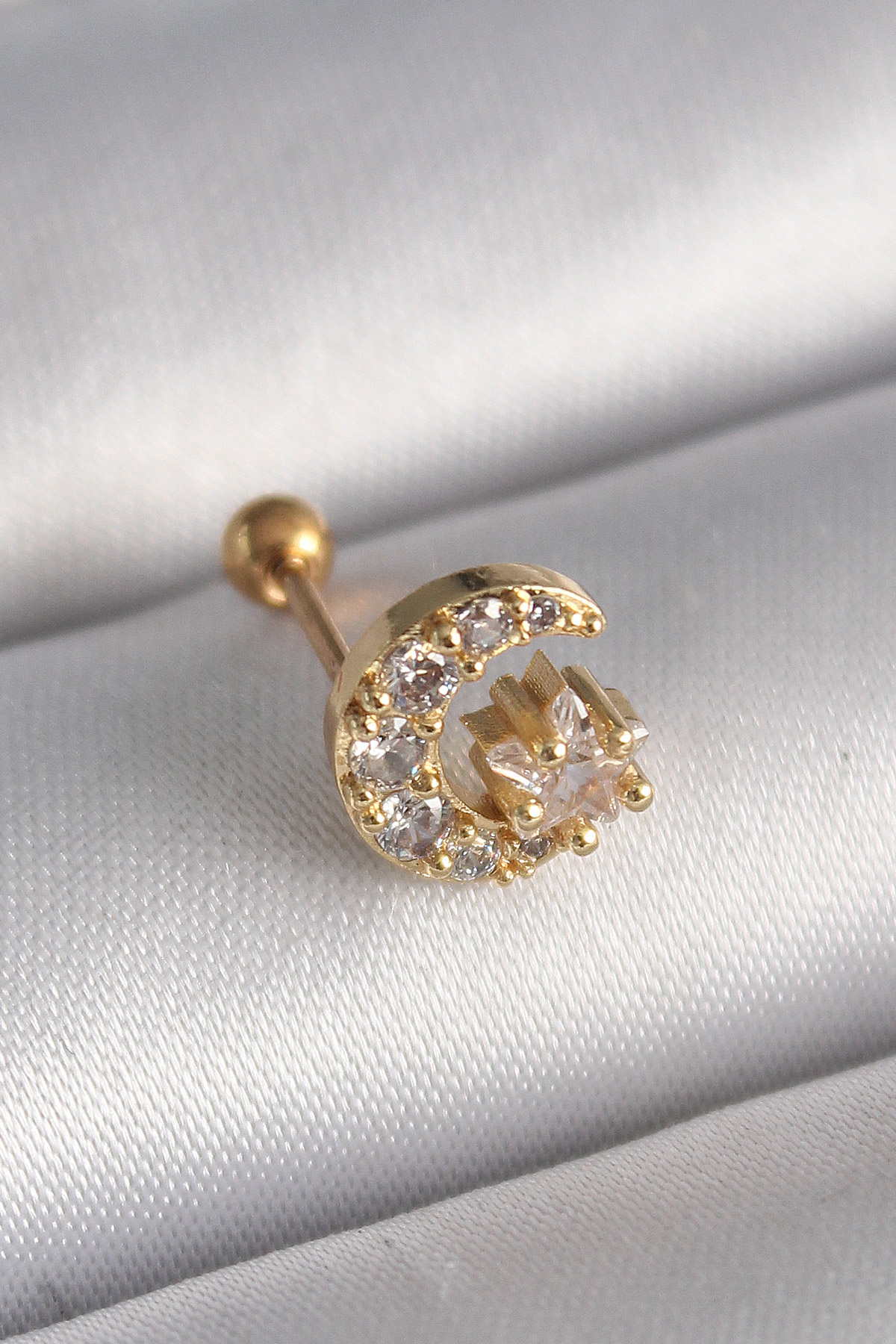316L Çelik Gold Renk Zirkon Taşlı Ay Yıldız Tragus Piercing - Lisinya