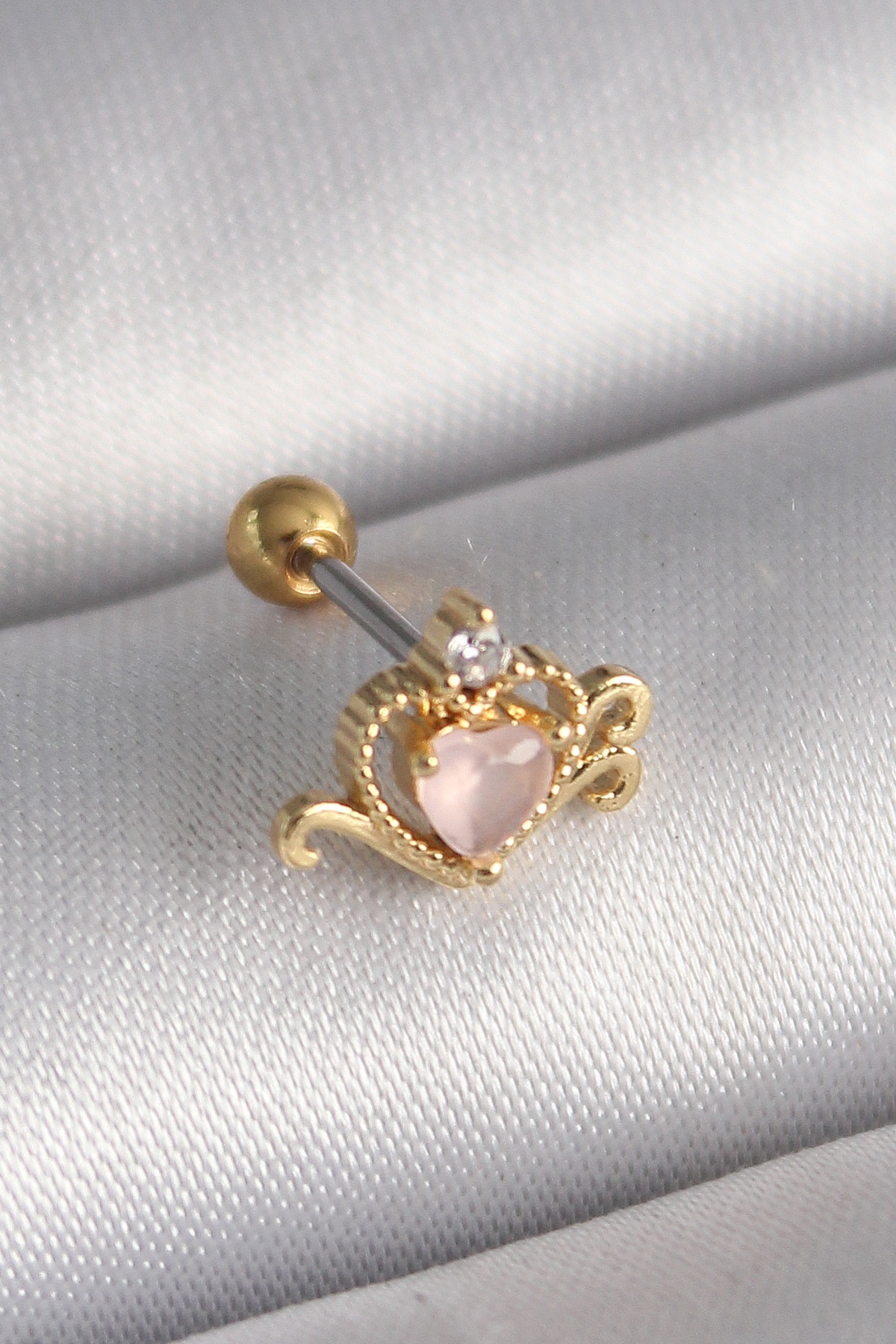 316L Çelik Gold Renk Pembe Mineli Kalp Zirkon Taş Detay Tragus Piercing - Lisinya