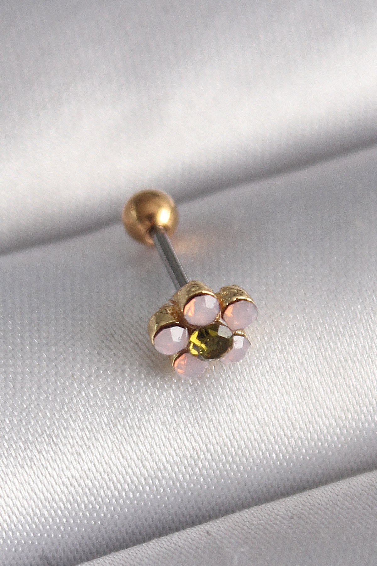 316L Çelik Gold Renk Zirkon Taşlı Çiçek Tragus Piercing - Lisinya