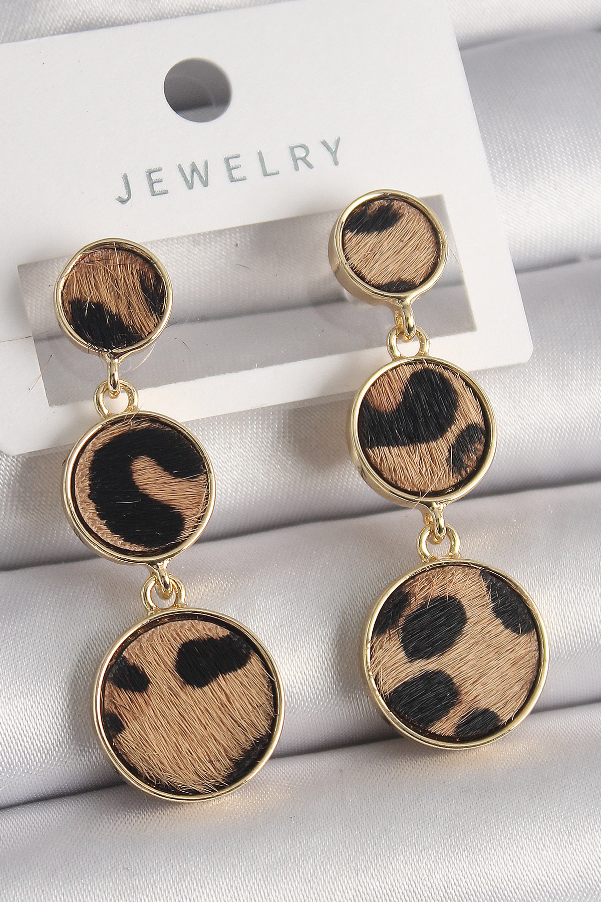 Pirinç Gold Renk 3'Lü Leopar Desenli Sallantı Daire Plaka Model Kadın Küpe - Lisinya