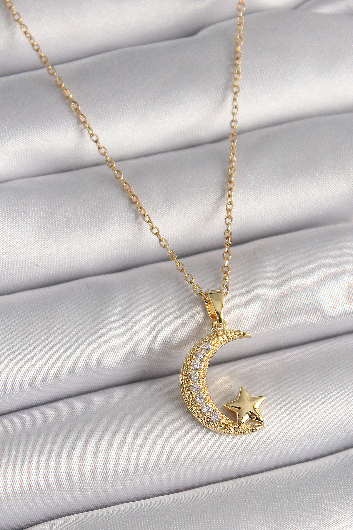 316L Çelik Gold Renk Zincir Zirkon Taşlı Hilal Model Yıldız Detay Kadın Kolye - Lisinya