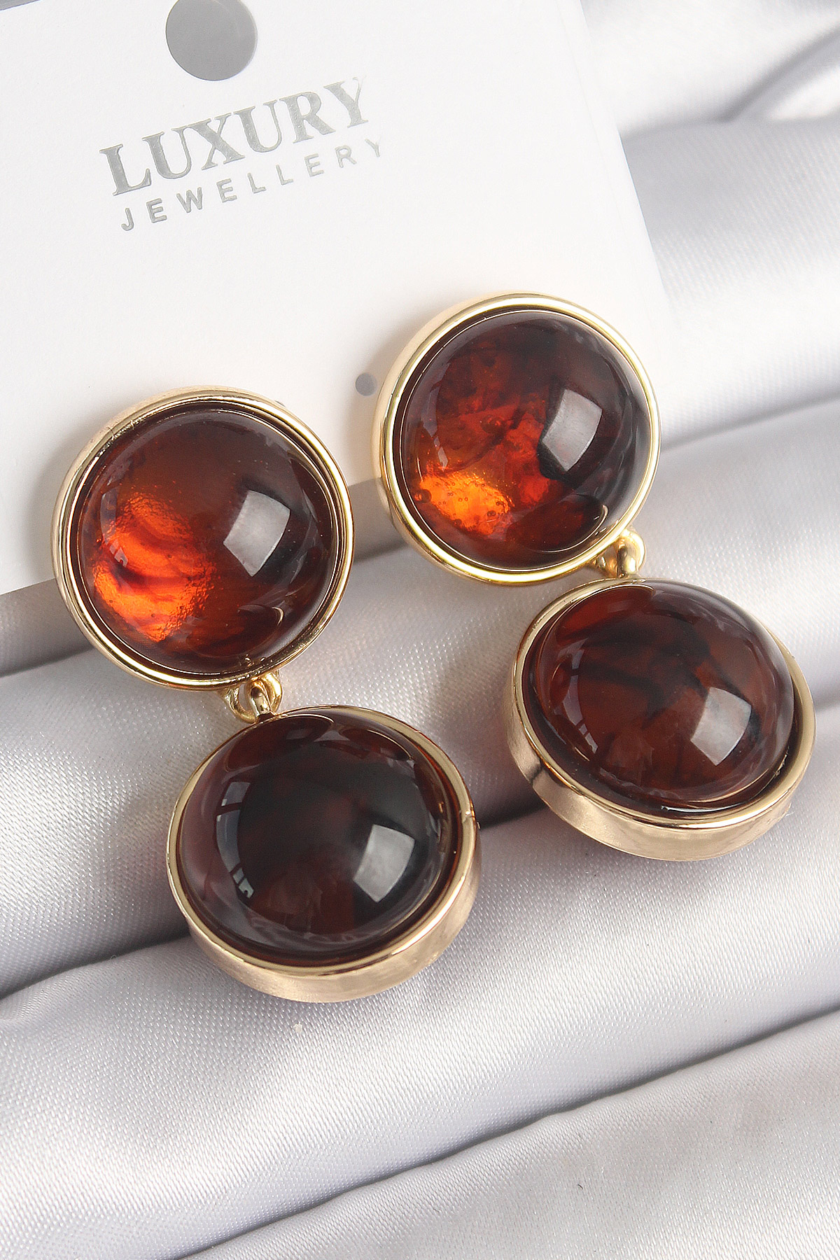 Pirinç Gold Renk Sallantı Kaplan Gözü Model Kadın Küpe - Lisinya