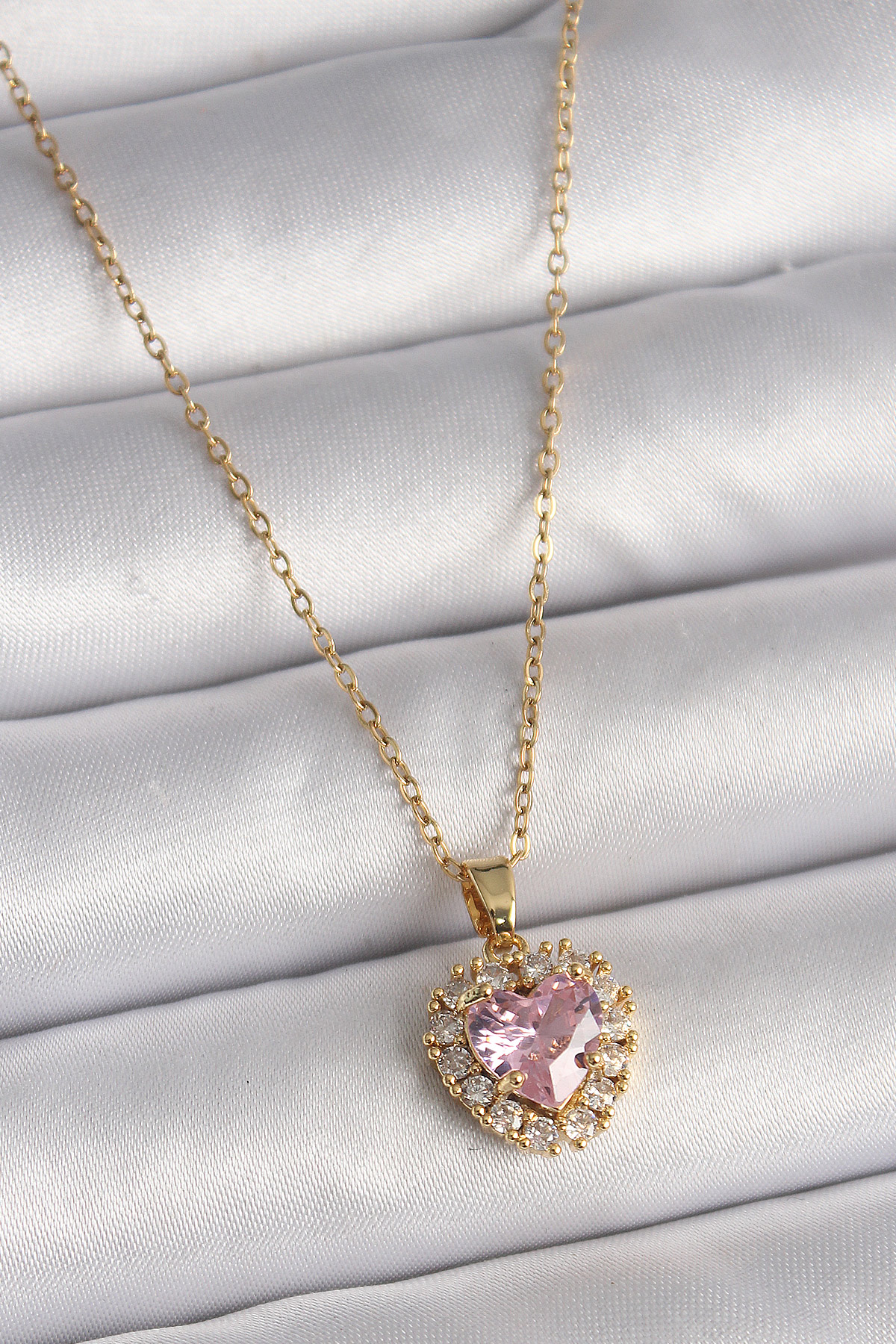 316L Çelik Gold Renk Zincir Pembe Zirkon Taşlı Kalp Model Kadın Kolye - Lisinya
