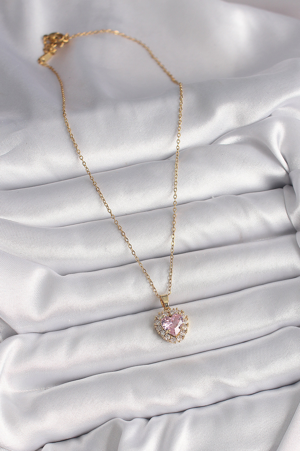 316L Çelik Gold Renk Zincir Pembe Zirkon Taşlı Kalp Model Kadın Kolye - Lisinya
