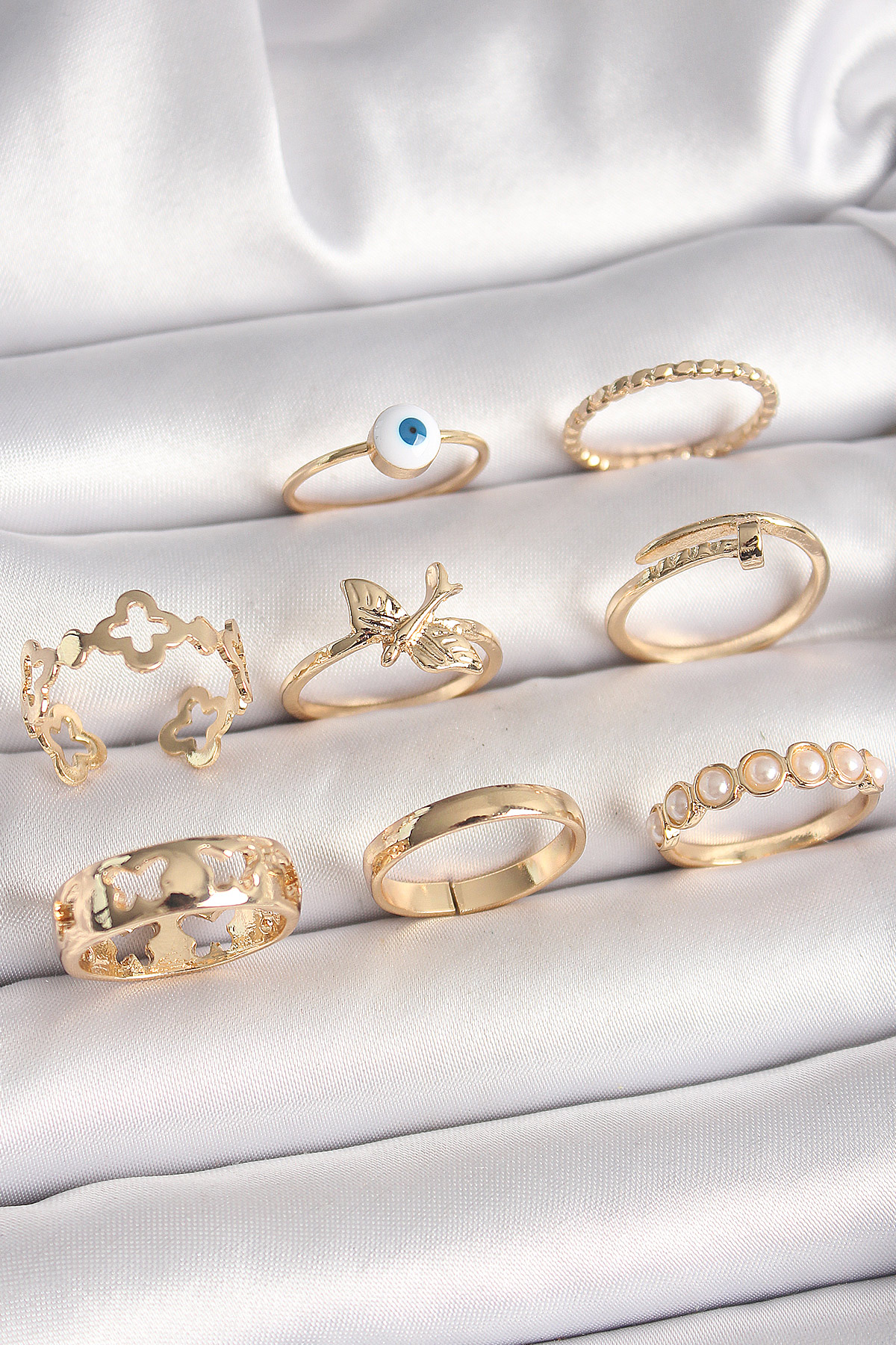 Pirinç Gold Renk Nazar Boncuk Model Kuş Detay Kadın Yüzük Kombini - Lisinya