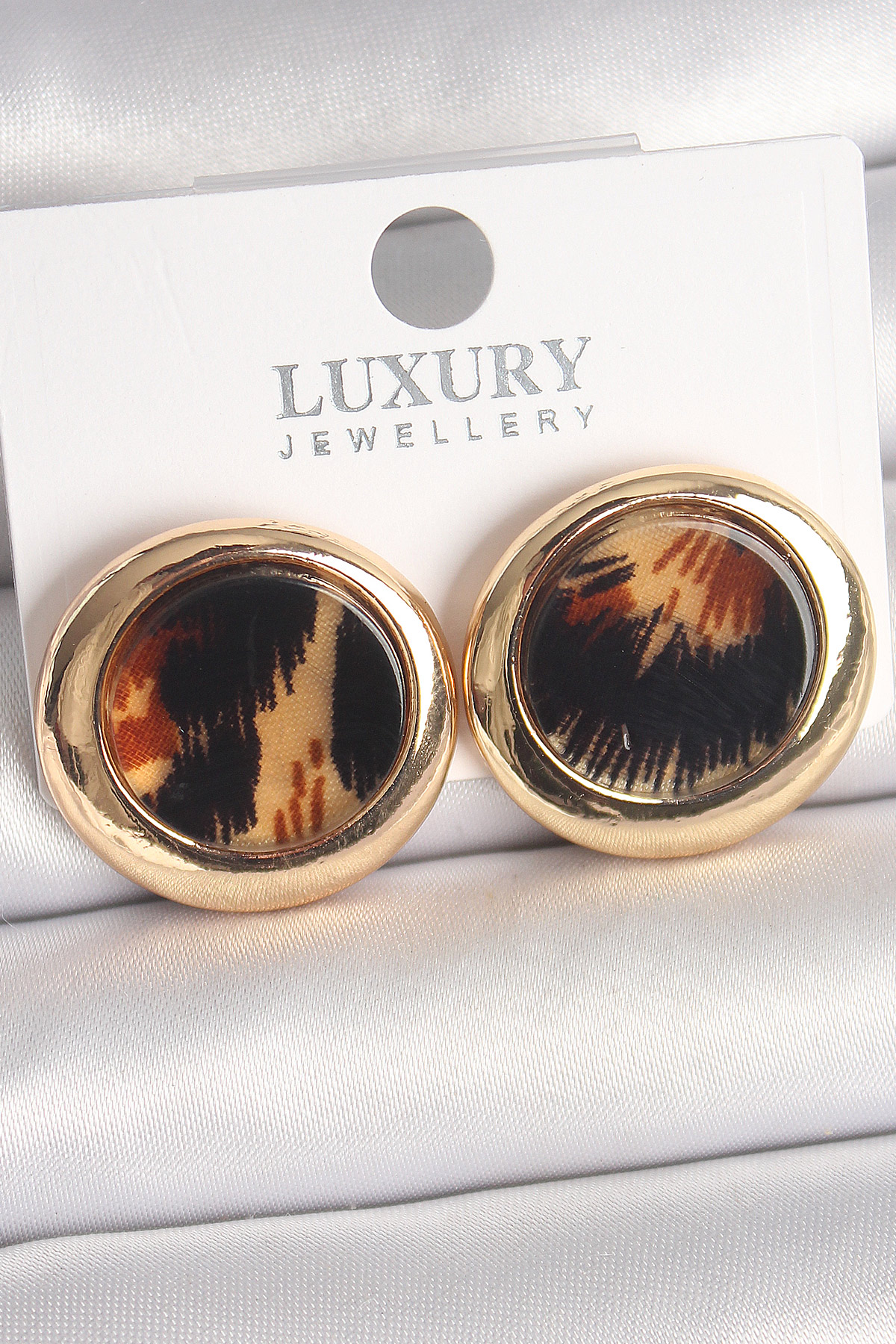 Pirinç Gold Renk Leopar Desen Daire Model Kadın Küpe - Lisinya