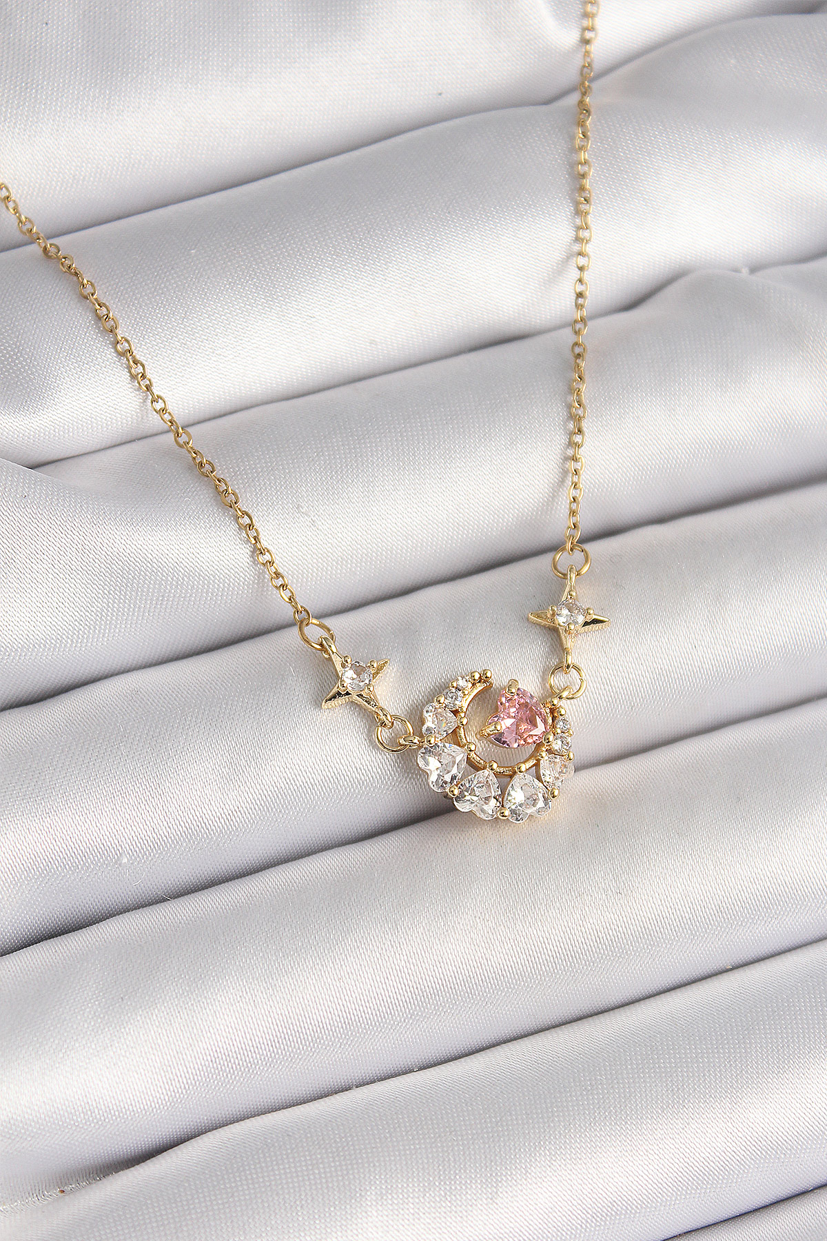 316L Çelik Gold Renk Zirkon Taşlı Hilal Pembe Kalp Model Kadın Kolye - Lisinya