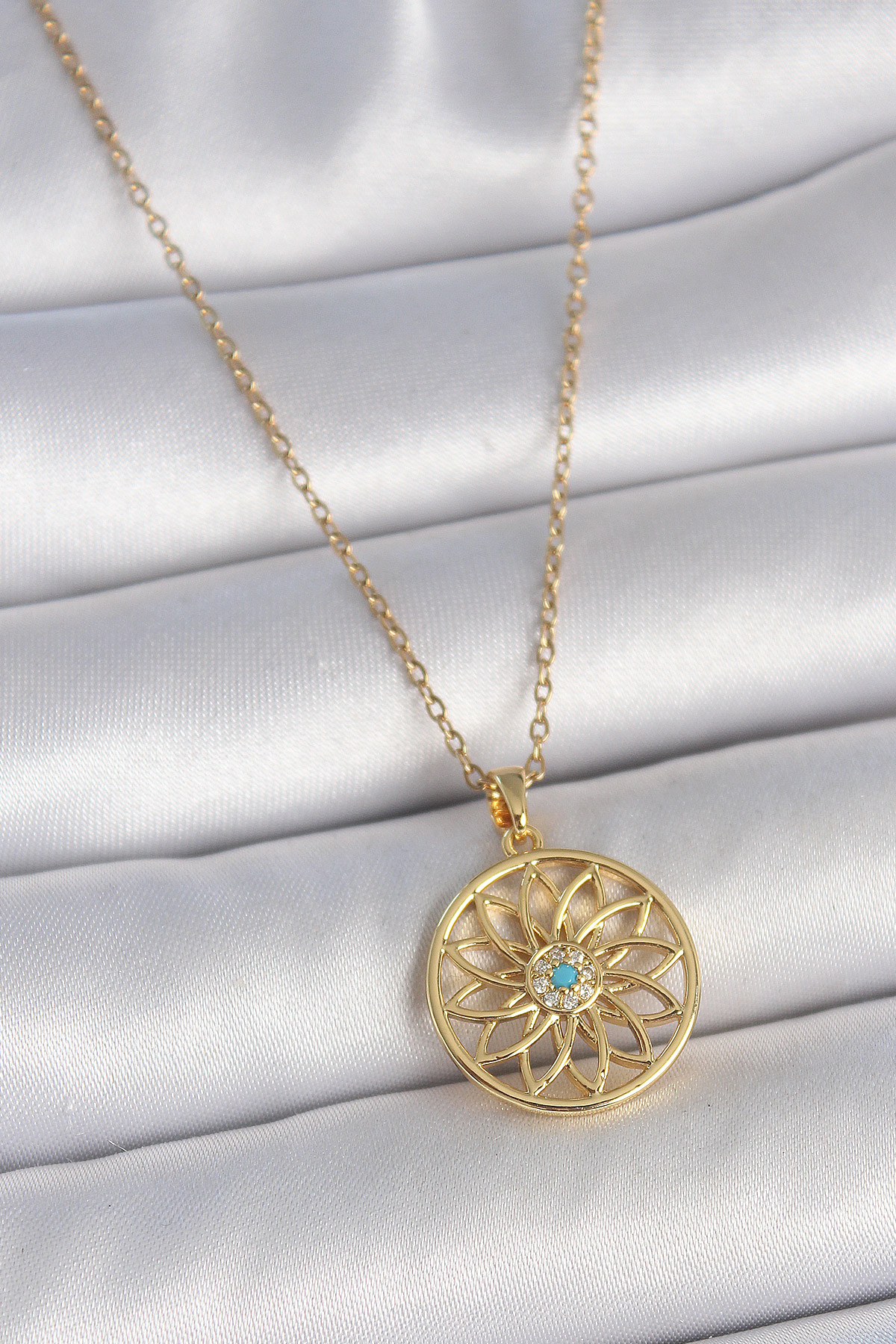 316L Çelik Gold Renk Zincr Mavi Taşlı Lotus Model Kadın Kolye - Lisinya