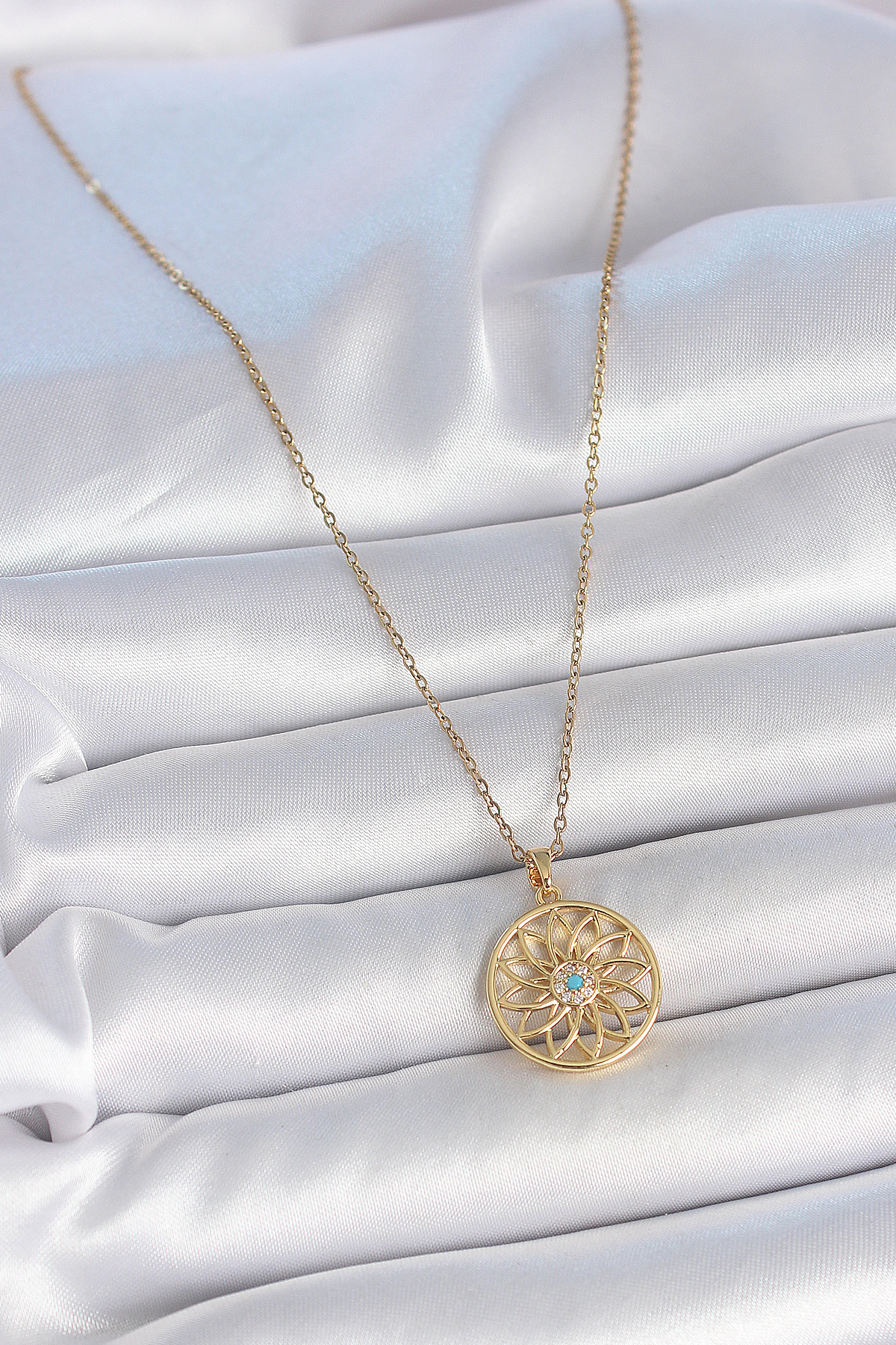 316L Çelik Gold Renk Zincr Mavi Taşlı Lotus Model Kadın Kolye - Lisinya