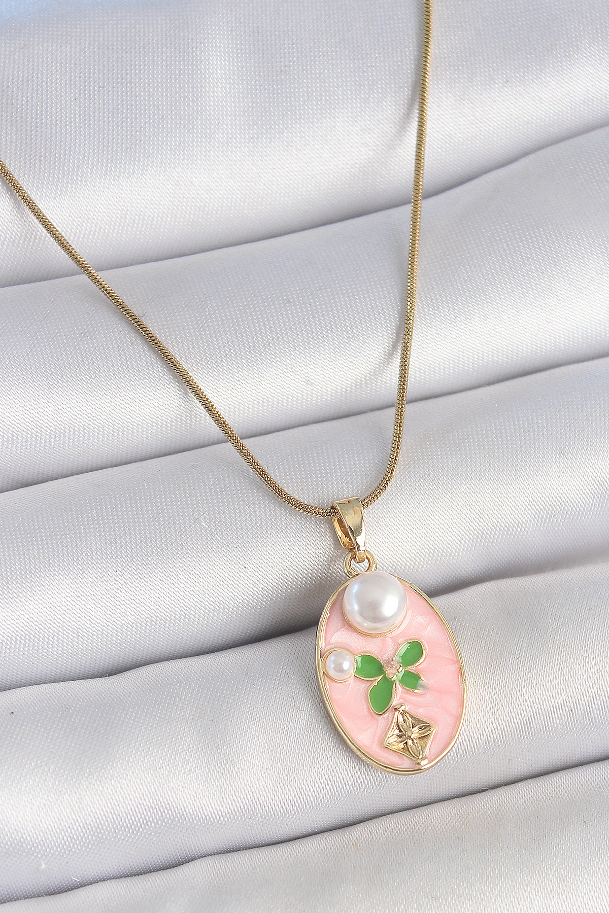 316L Çelik Gold Renk Zincir Pembe Mineli Oval İncili Çiçek İşlemeli Portre Model Kadın Kolye - Lisinya 316L Çelik Gold Renk Zincir Pembe Mineli Oval İncili Çiçek İşlemeli Portre Model Kadın Kolye - Lisinya